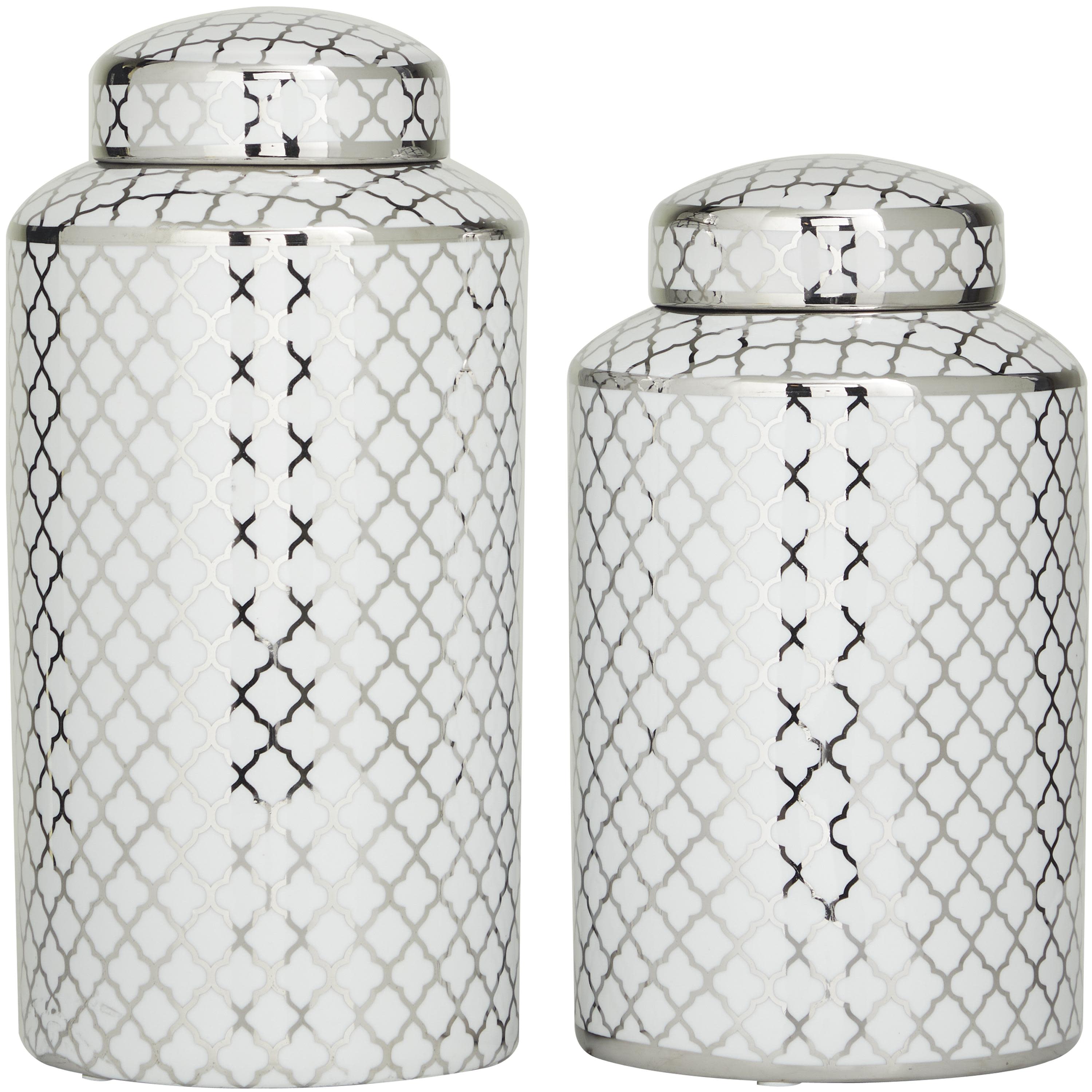 The Novogratz Silver Ceramic Geometric Living Room Decorative Jars with Silver accents, Set of 2 14", 12"H