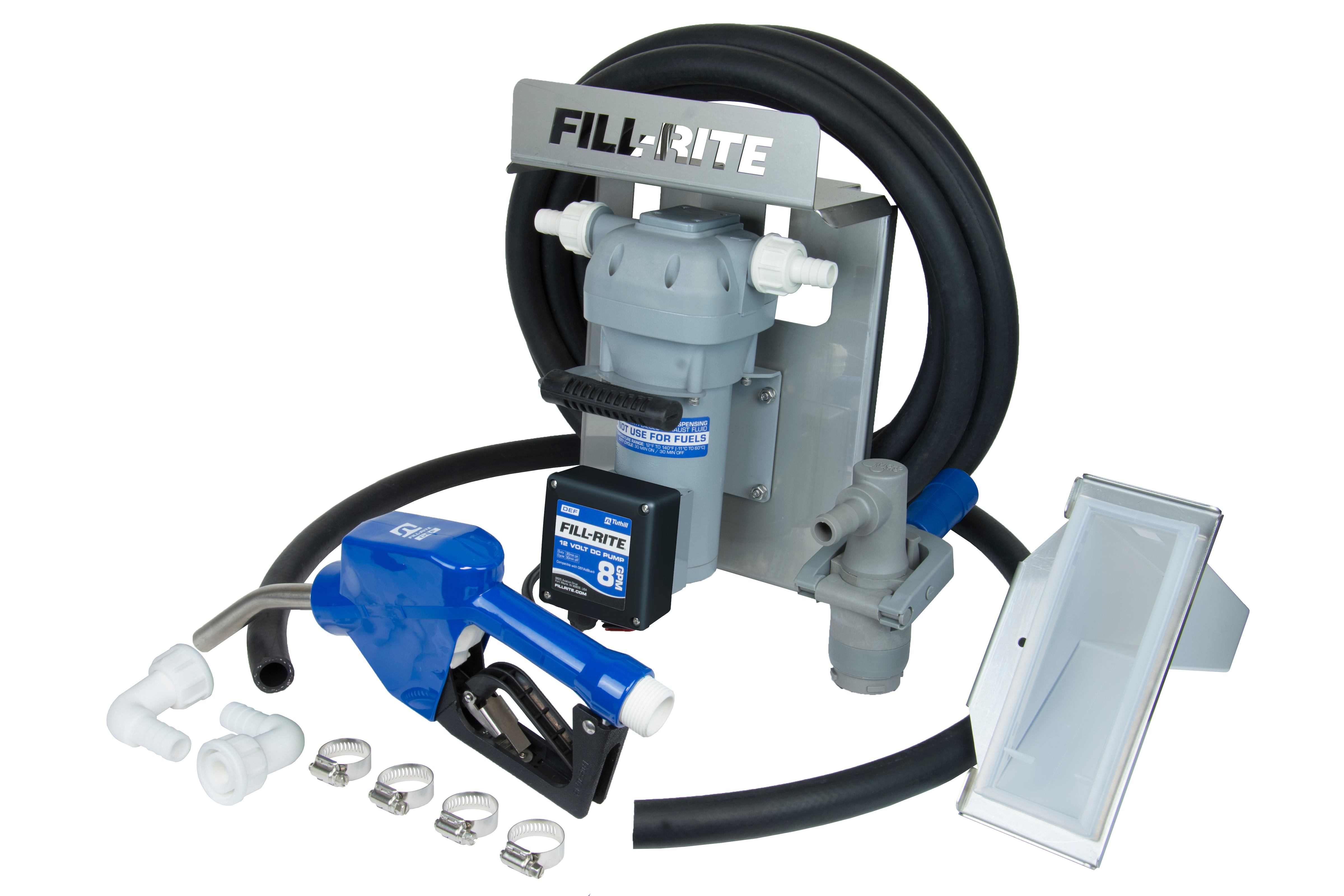 Fill-Rite DF012CAN520-RP 12V 8 GPM Diesel Exhaust Fluid (DEF) Transfer Pump w/Tote Mount Package, Automatic Nozzle, & RPV Dispense Coupler