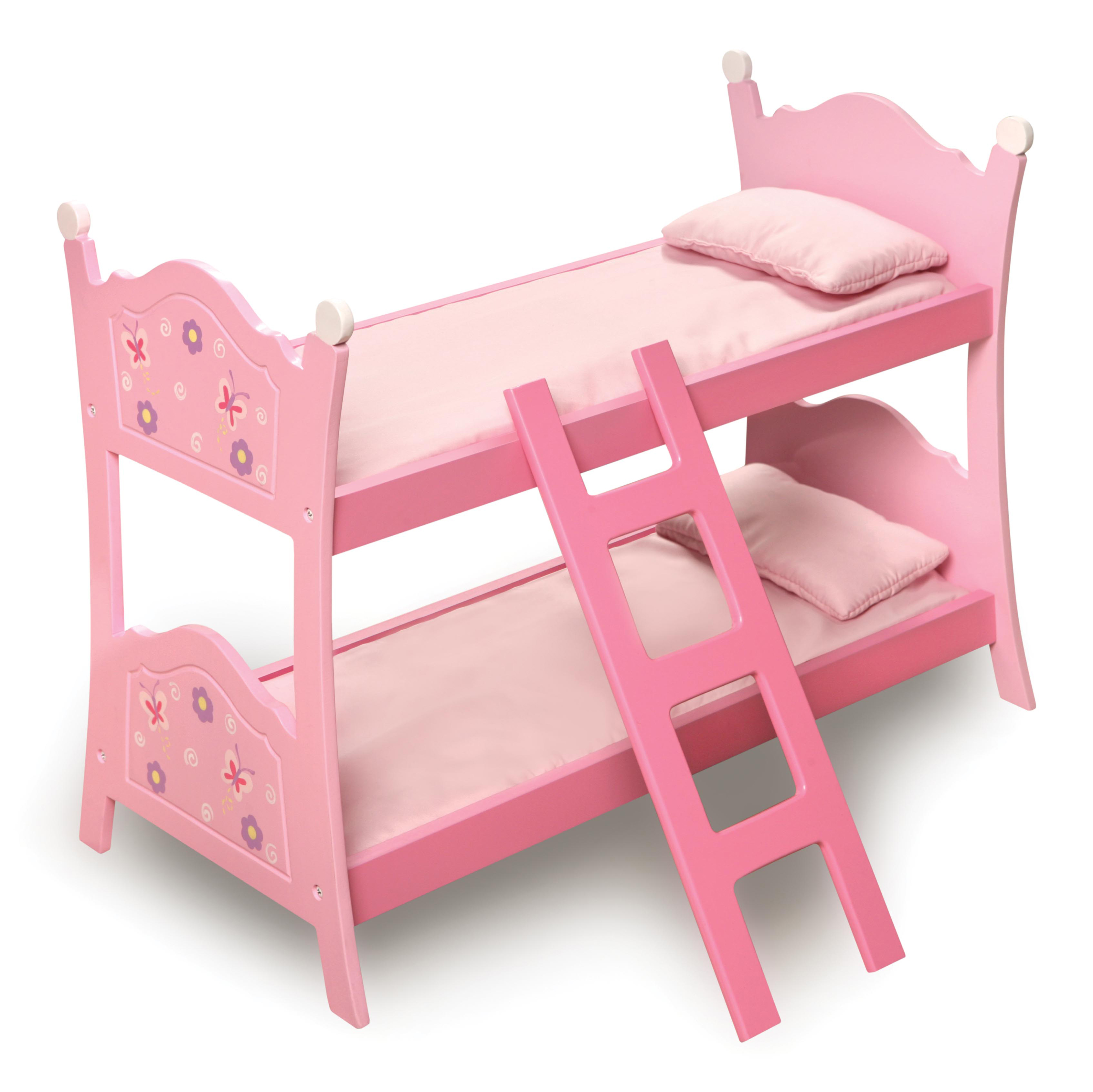 Blossoms and Butterflies Doll Bunk Bed with Ladder and Bedding - Pink