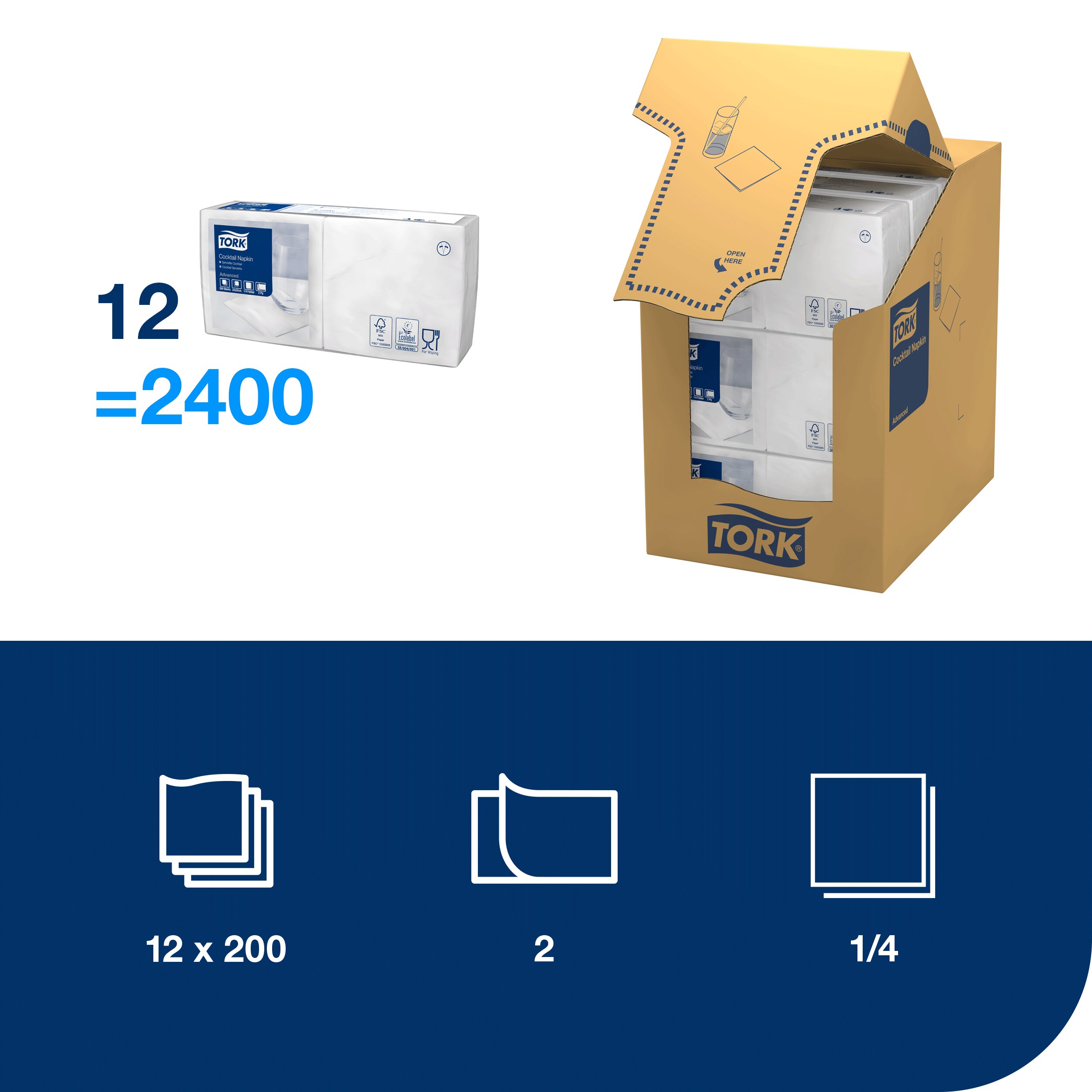 Servietter, 2 lag, Hvid, 24x24 cm, 2400 stk, Tork Advanced