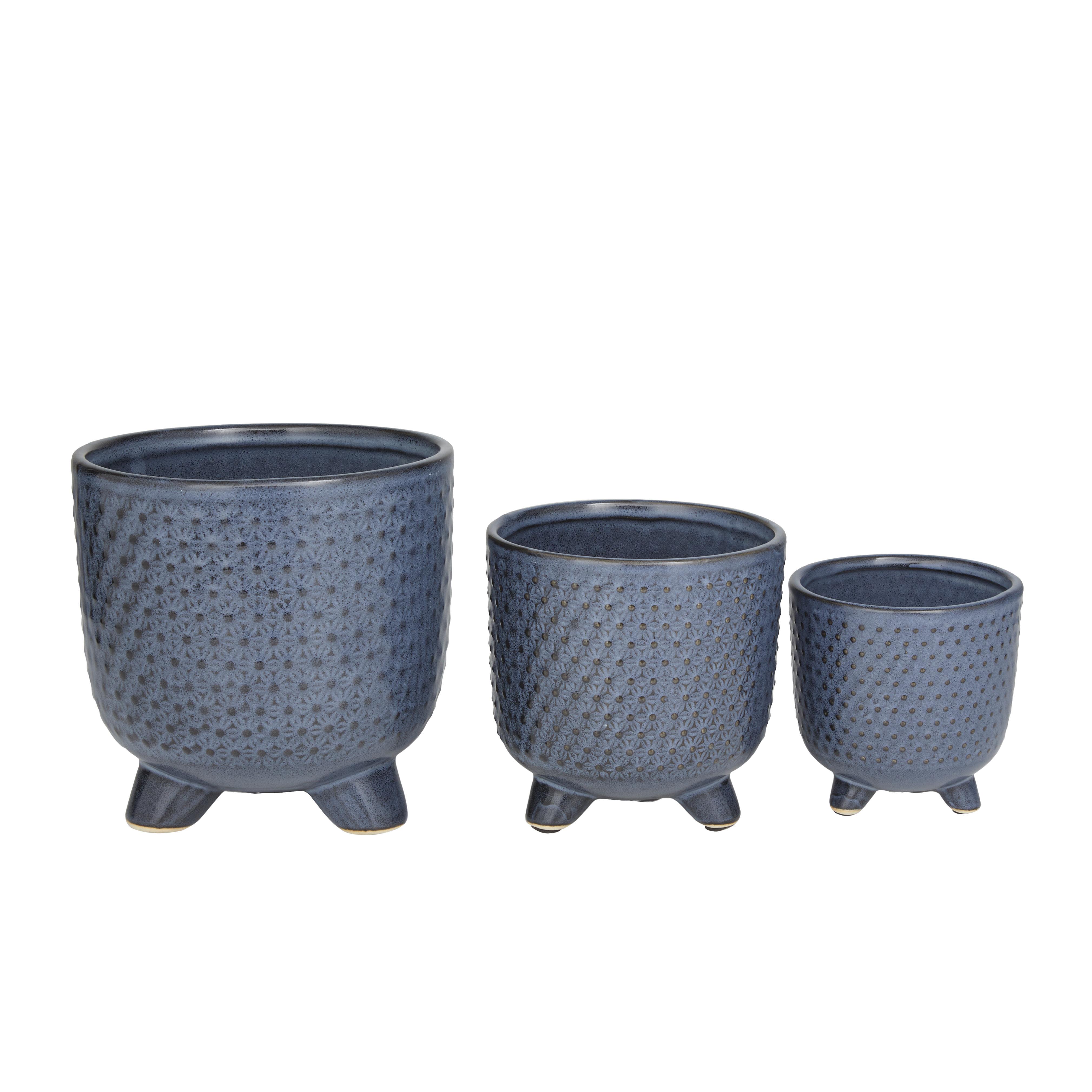 Blue Ceramic  Indoor Outdoor Planter, Set of 3 8", 6", 5"H