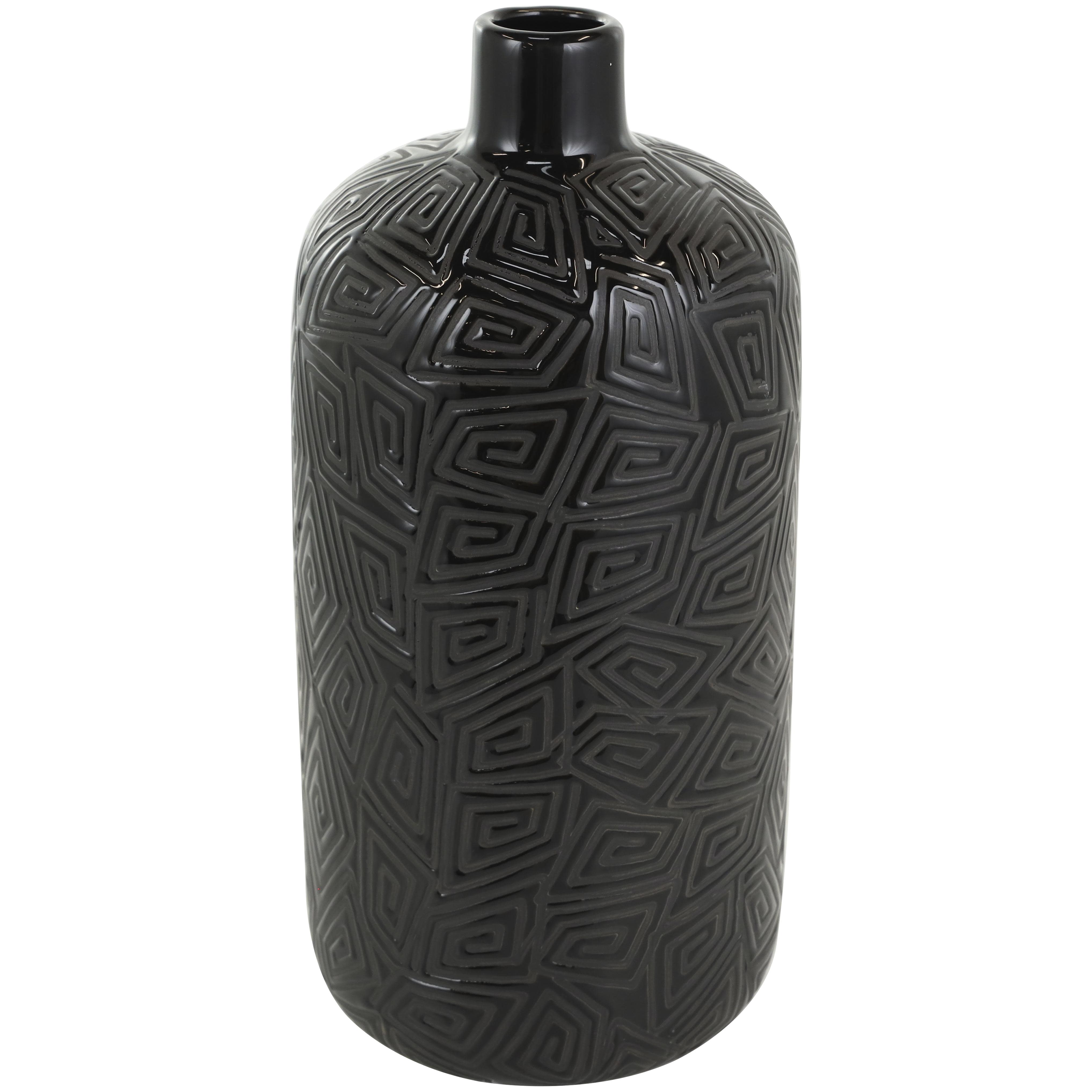 Black Ceramic  Decorative Vase with Geometric Etchings, 7" x 7" x 15"