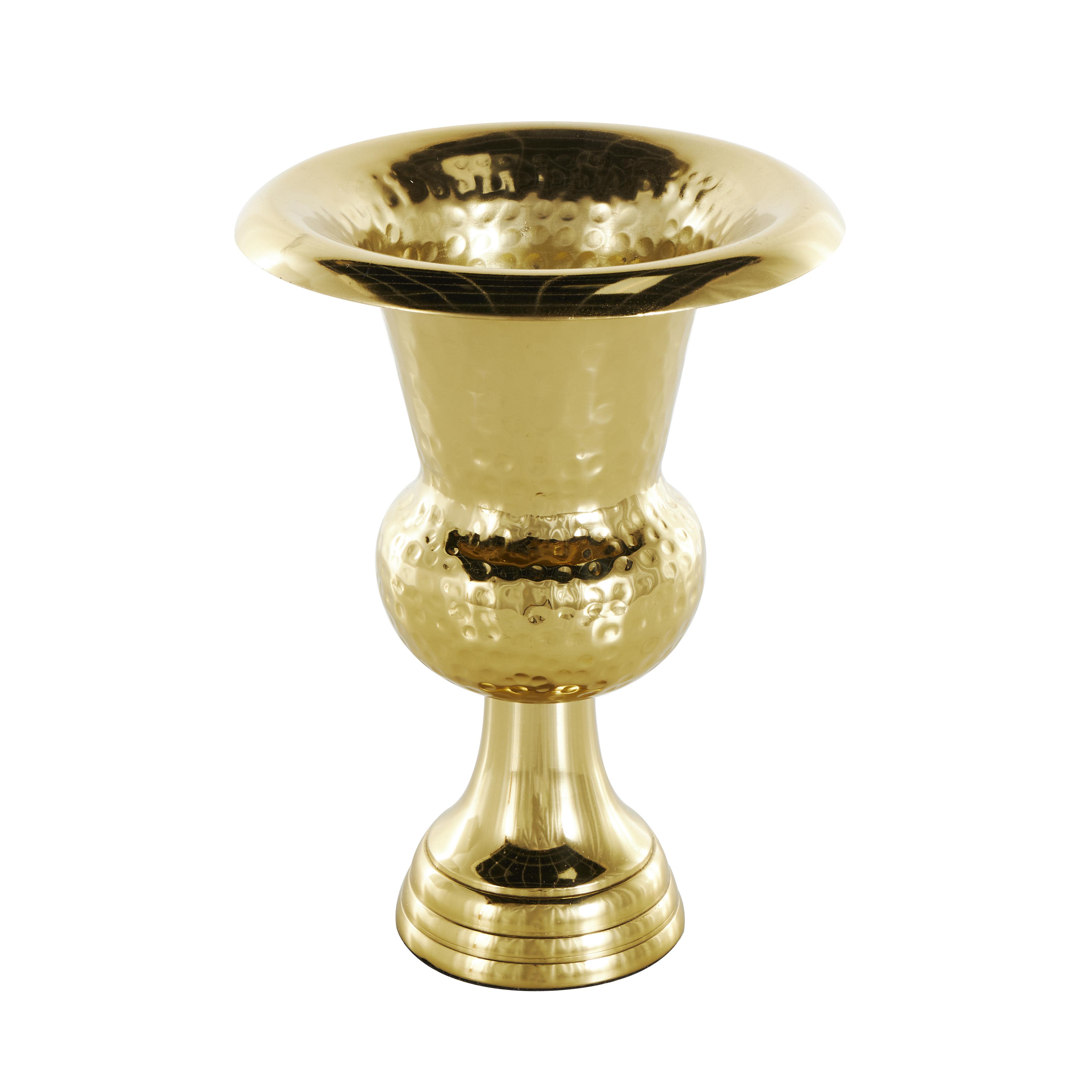 Gold Aluminum Metal  Goblet Inspired Hammered Decorative Vase, 8" x 8" x 11"