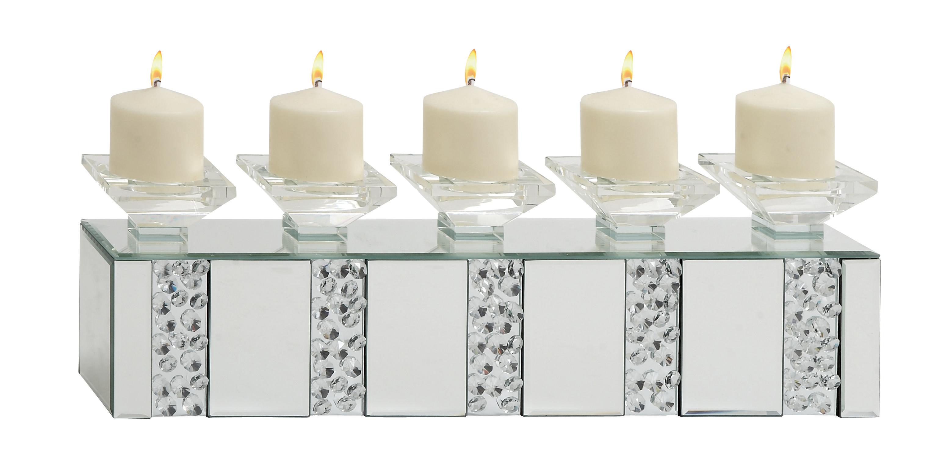 Silver Glass  Pillar 5 Plate Decorative Candelabra with Mirrored Accents and Crystals, 24" x 5" x 7"