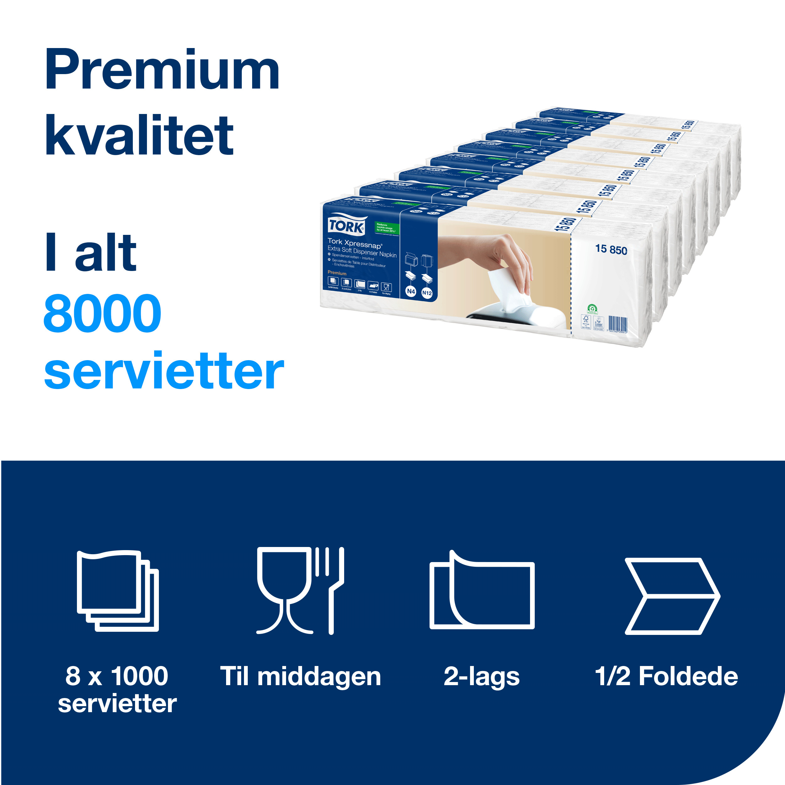 Dispenserservietter, 2 lag, Hvid, 21.3x16.5 cm, 8000 stk, Tork Xpressnap N4