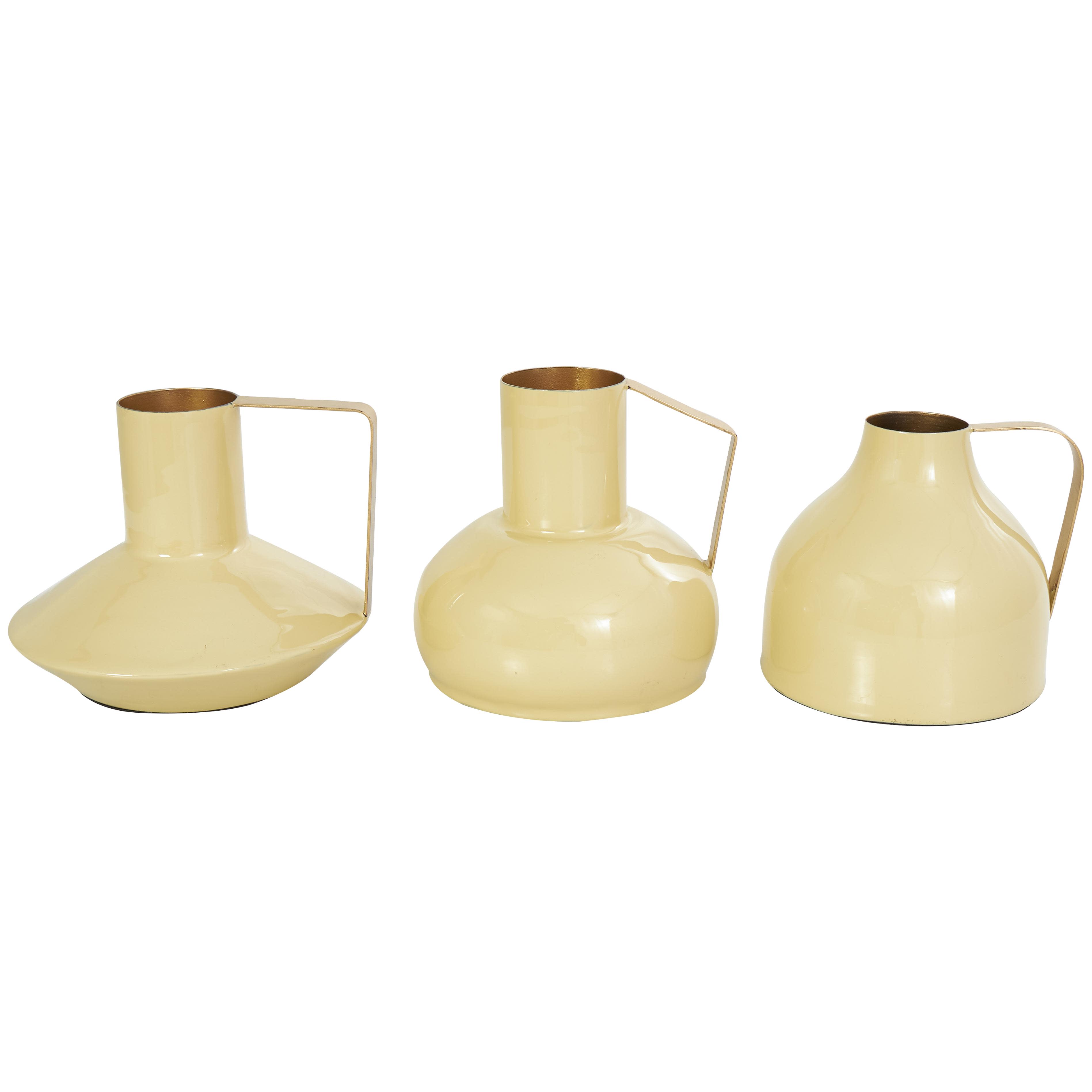 CosmoLiving by Cosmopolitan Yellow Metal Abstract Enameled Decorative Vase with Varying Shapes and Geometric Gold Handles, Set of 3 6", 7", 7"H