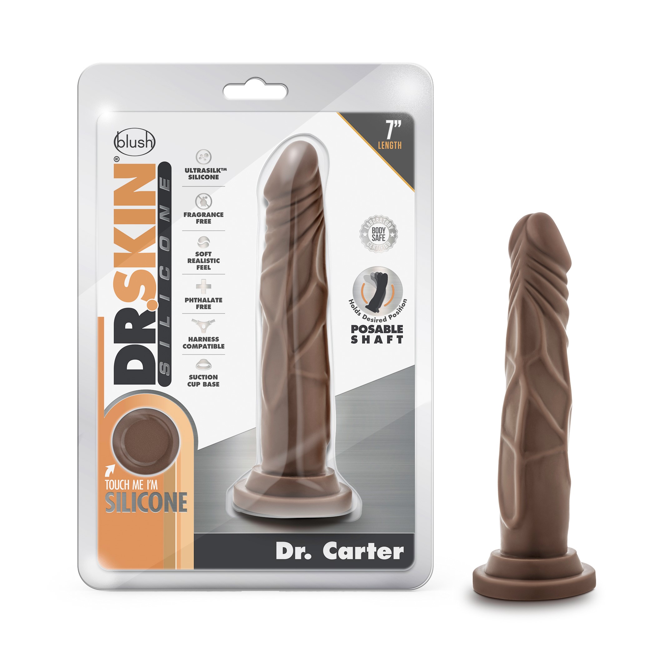 Blush Dr. Skin Silicone Dr. Carter Realistic Chocolate 7.5-Inch Long Dildo With Suction Cup Base