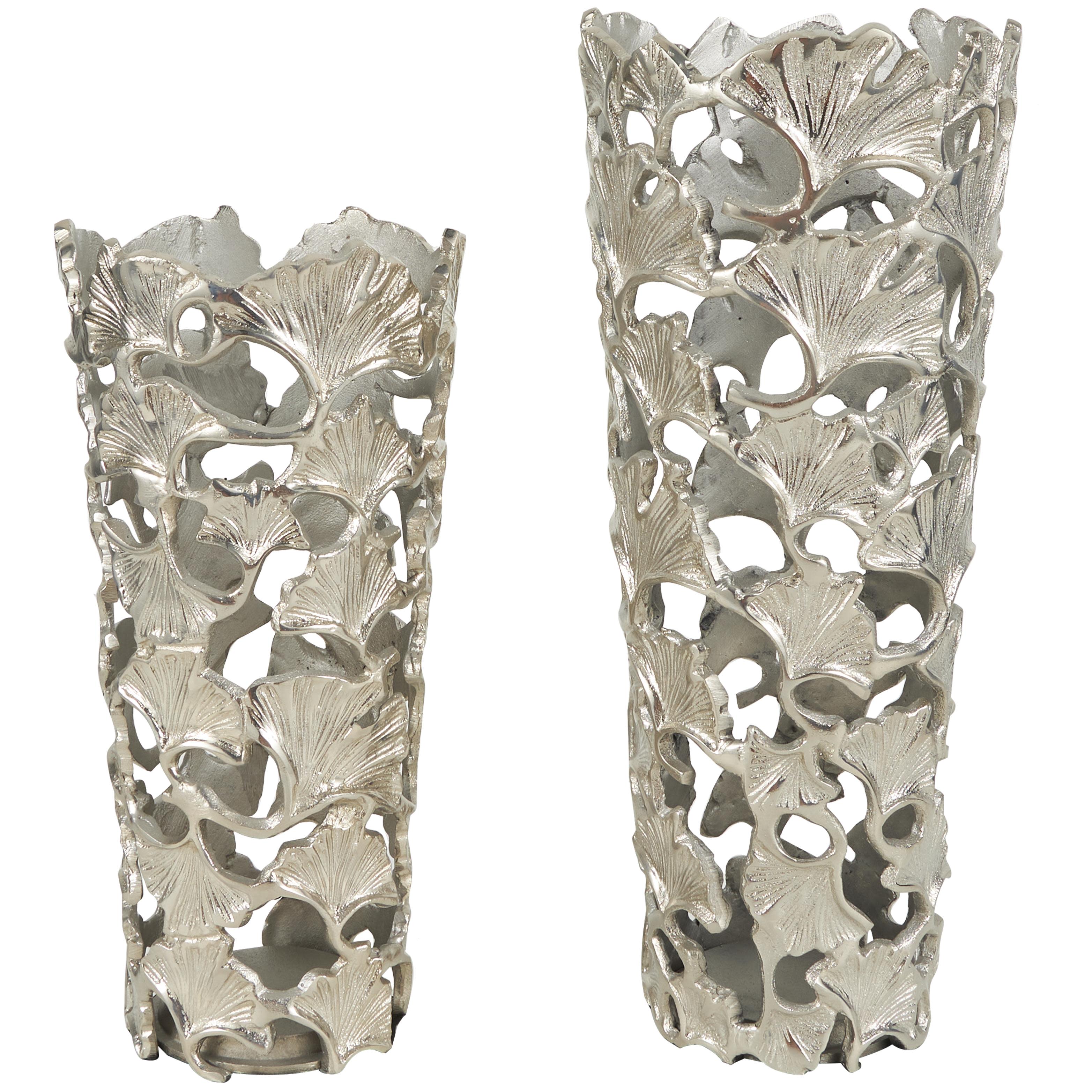 Silver Aluminum Metal  Decorative Vase with Ginkgo Leaf Design, Set of 2 19", 15"H