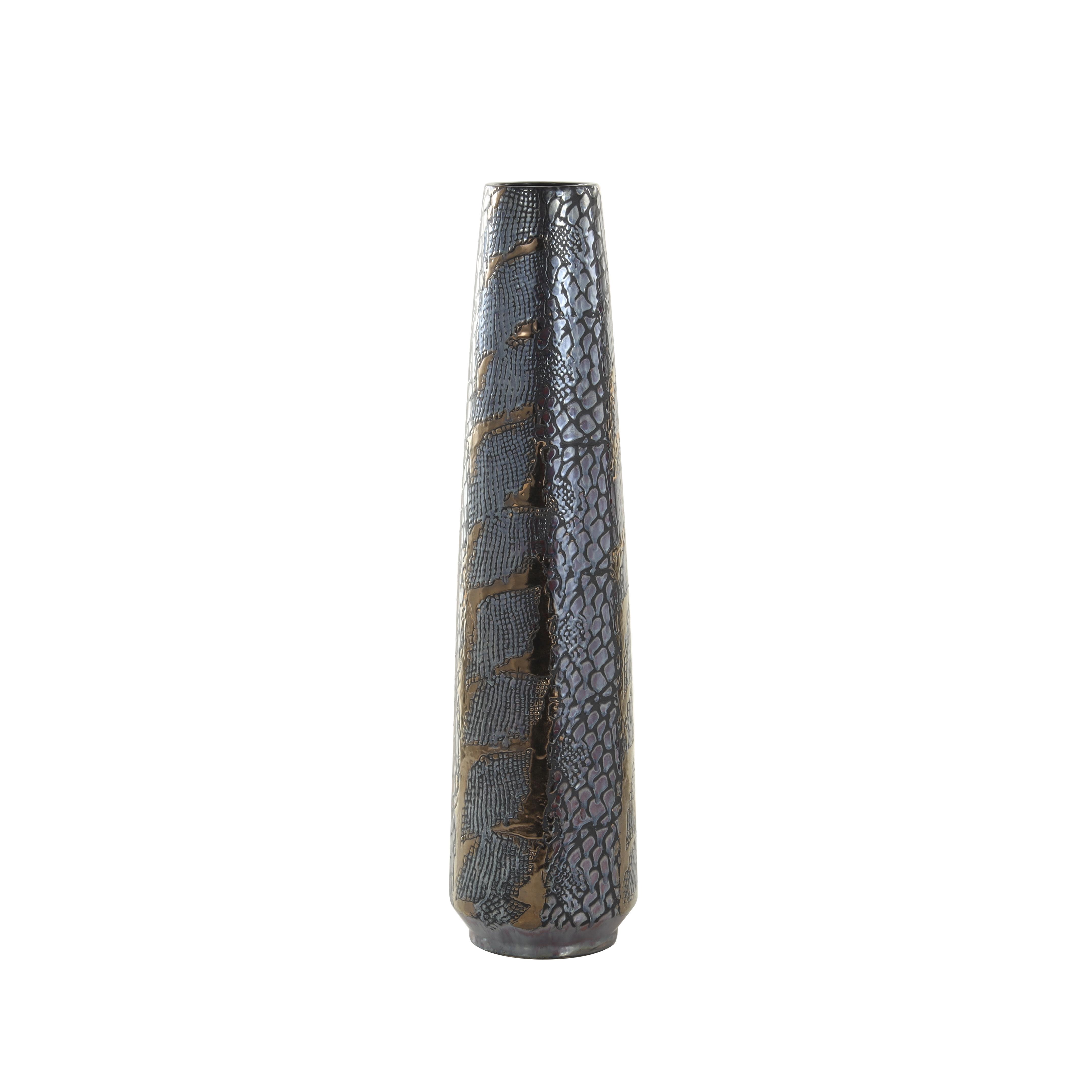 Silver Ceramic  Snakeskin Inspired Decorative Vase, 8" x 8" x 31"