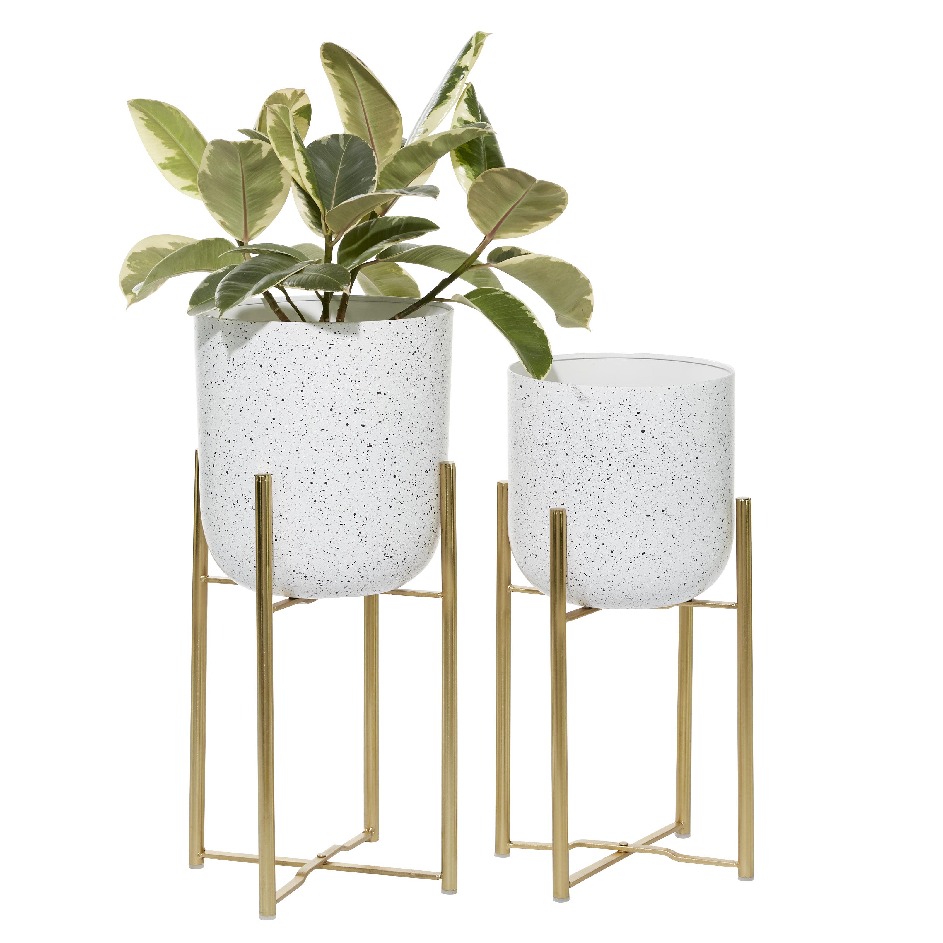 White Metal  Deep Dome Speckled Indoor Outdoor Planter with Removable Stand, Set of 2 22", 19"H