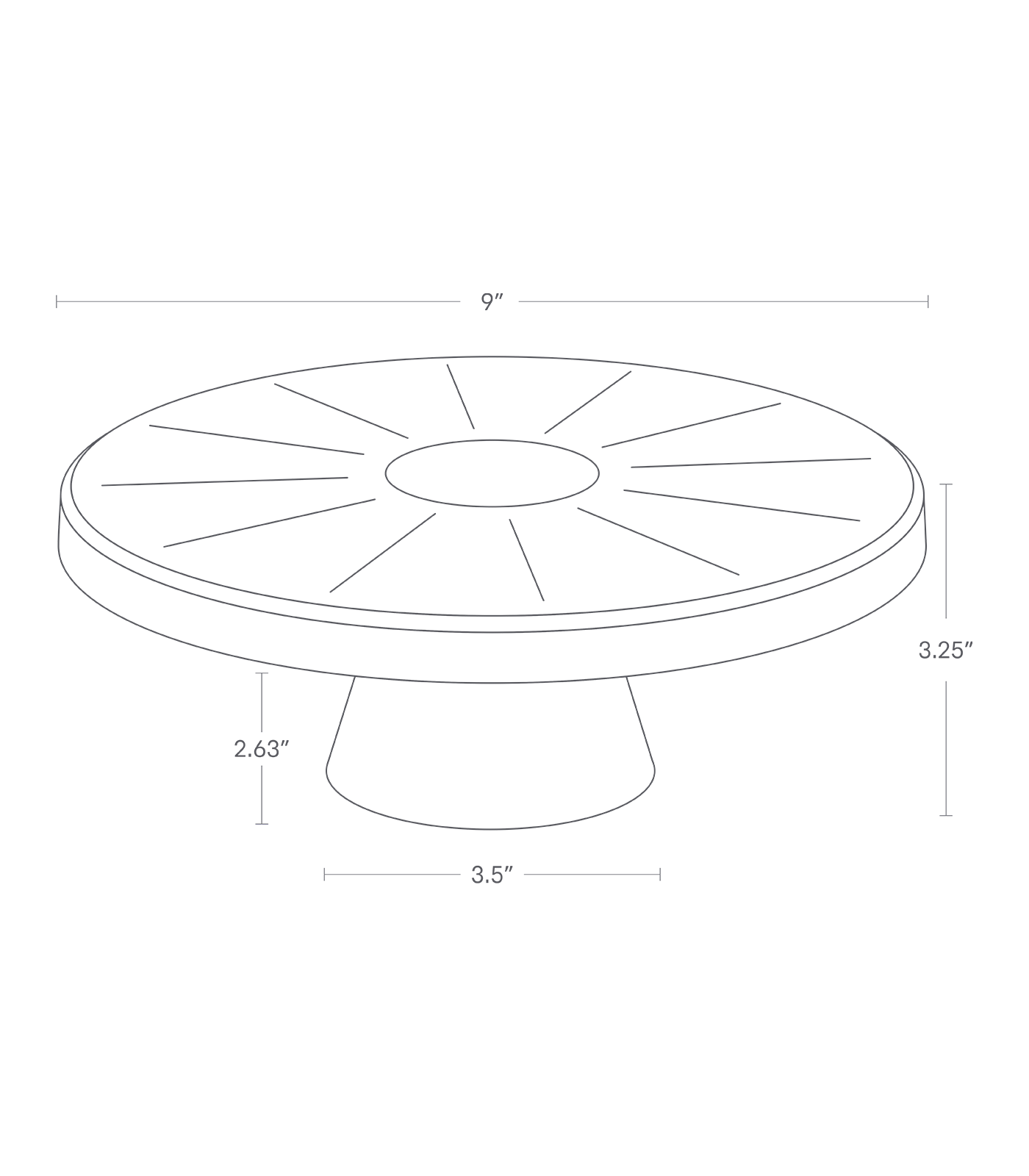 Dimension Image for Stackable Cake Stand on a white background showing height of 3.25", width of 9", 2.63" from ground to stand, and base width of 3.5".