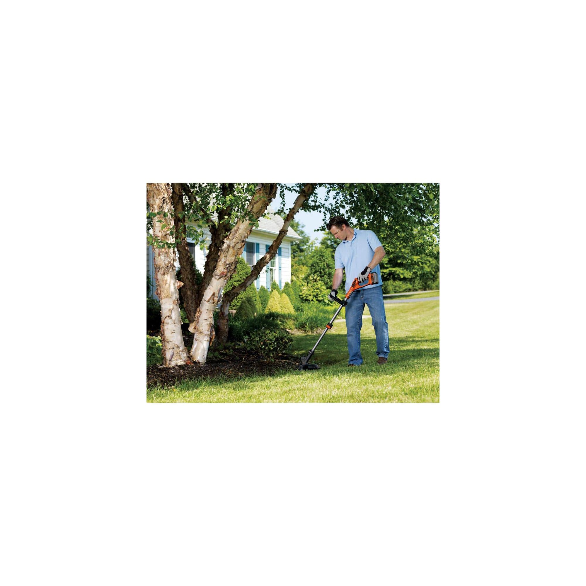 Man using string trimmer near cluster of trees