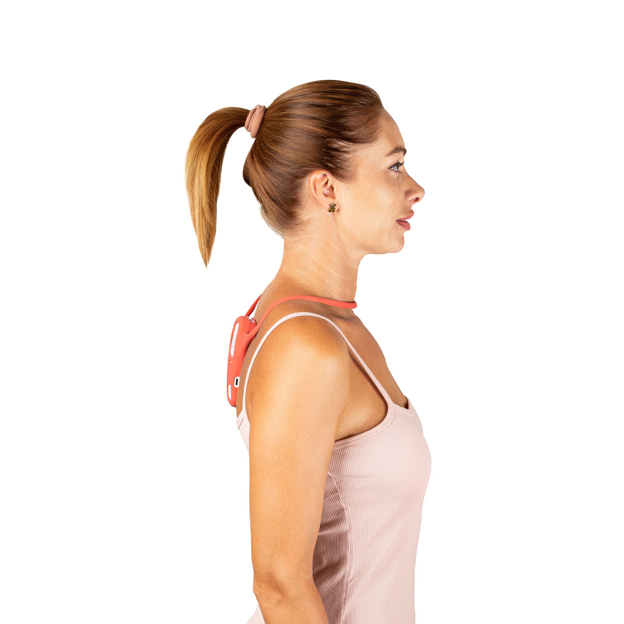 side view of the comfortpak™ device in the tropicoral 360° lanyard worn around the back of a woman's neck