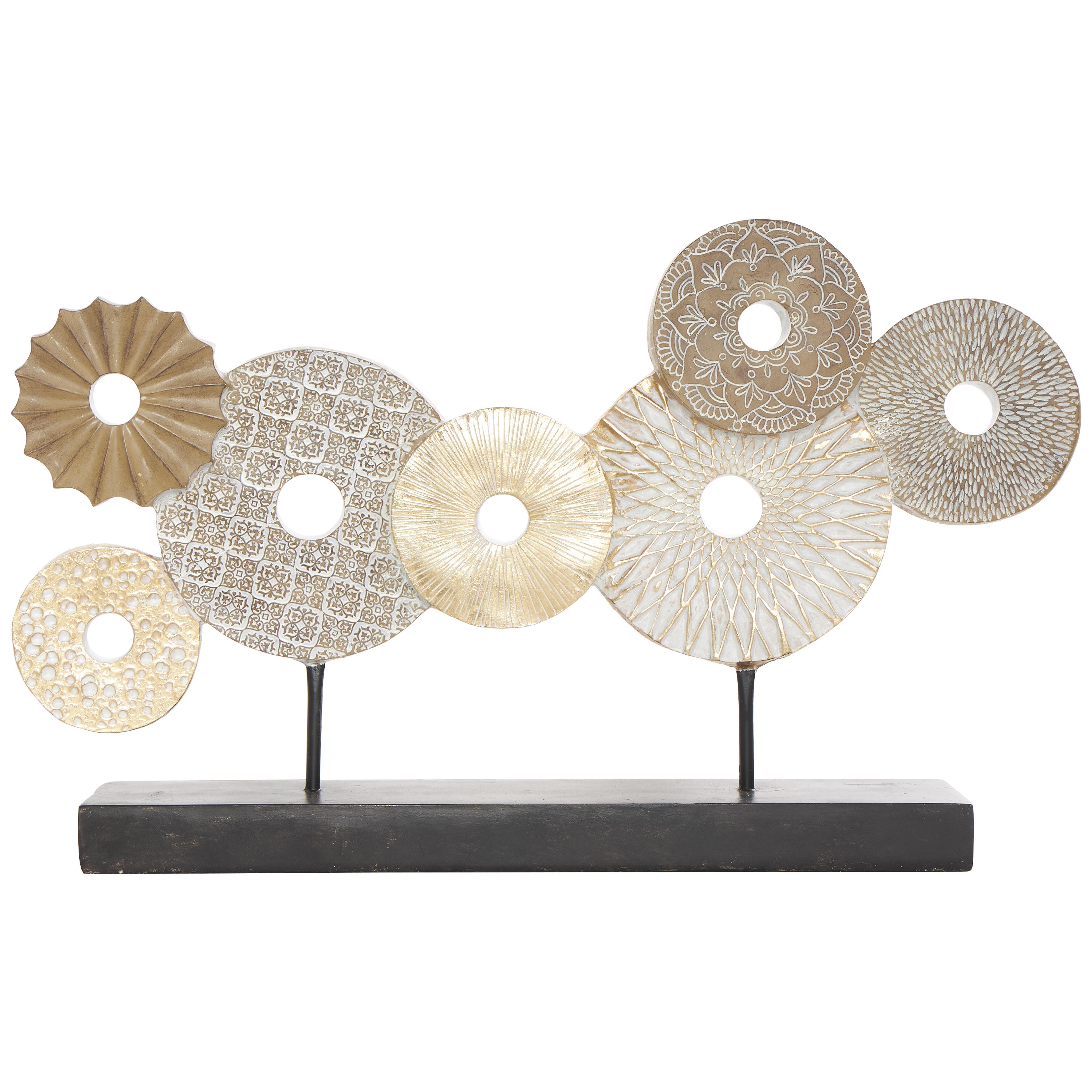 Beige Metal Floral Overlapping Carved Circle Disk Decorative Sculpture with Black Stand, 24" x 4" x 14"