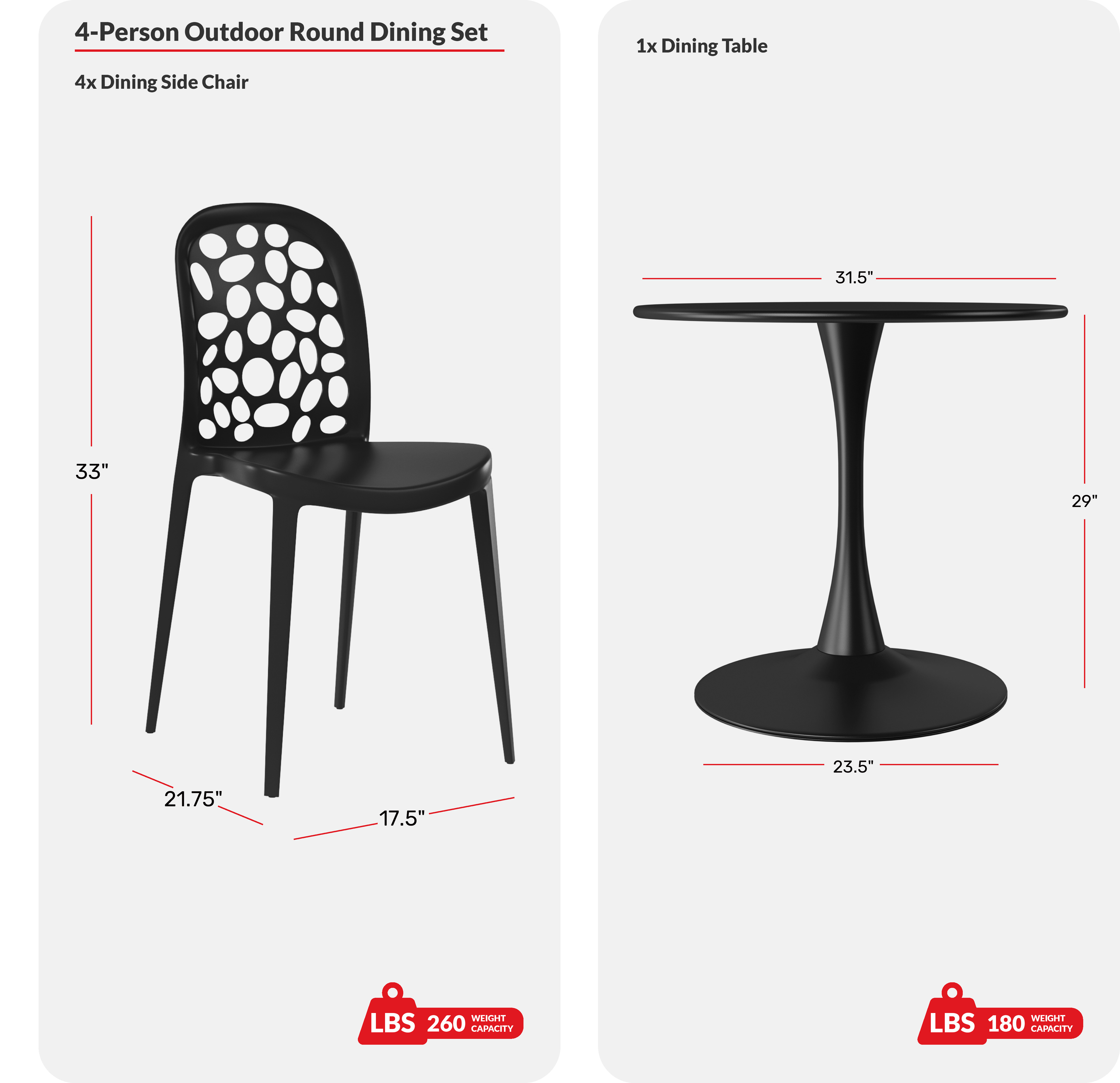 5-Piece Outdoor Indoor Metal Patio Dining Table Set With Stackable Polypropylene Patio Side Chairs COS Spec Image