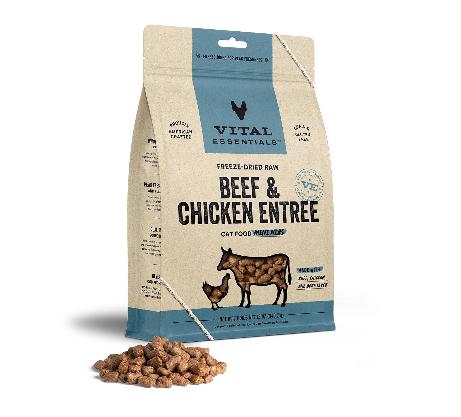 Vital Essentials Freeze-Dried Raw Beef & Chicken Entree Cat Food Mini Nibs, 12 oz - Health/First Aid