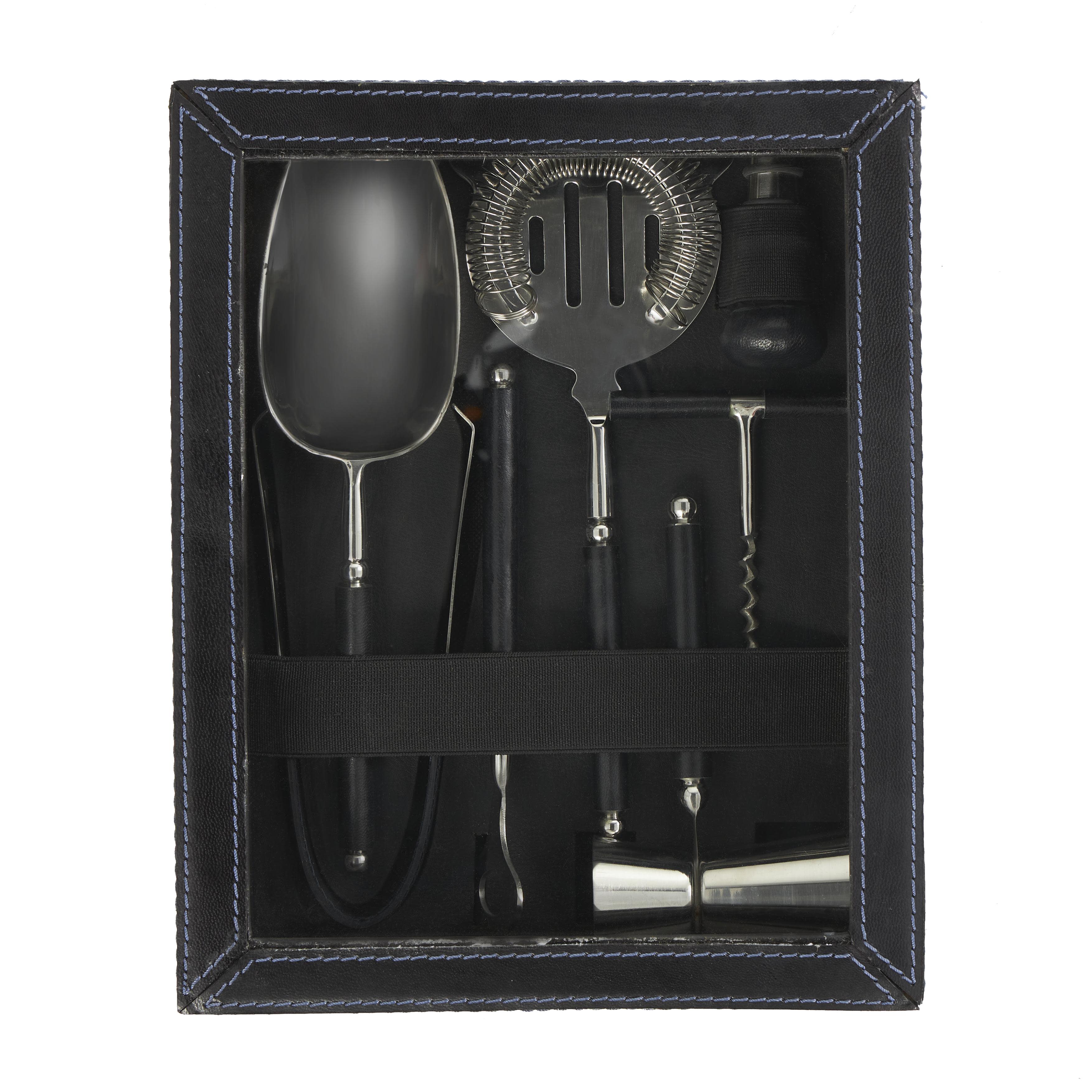 The Novogratz Dark Blue Leather  7 Piece Bar Tool Set with Decorative Box, 9" x 11" x 3"