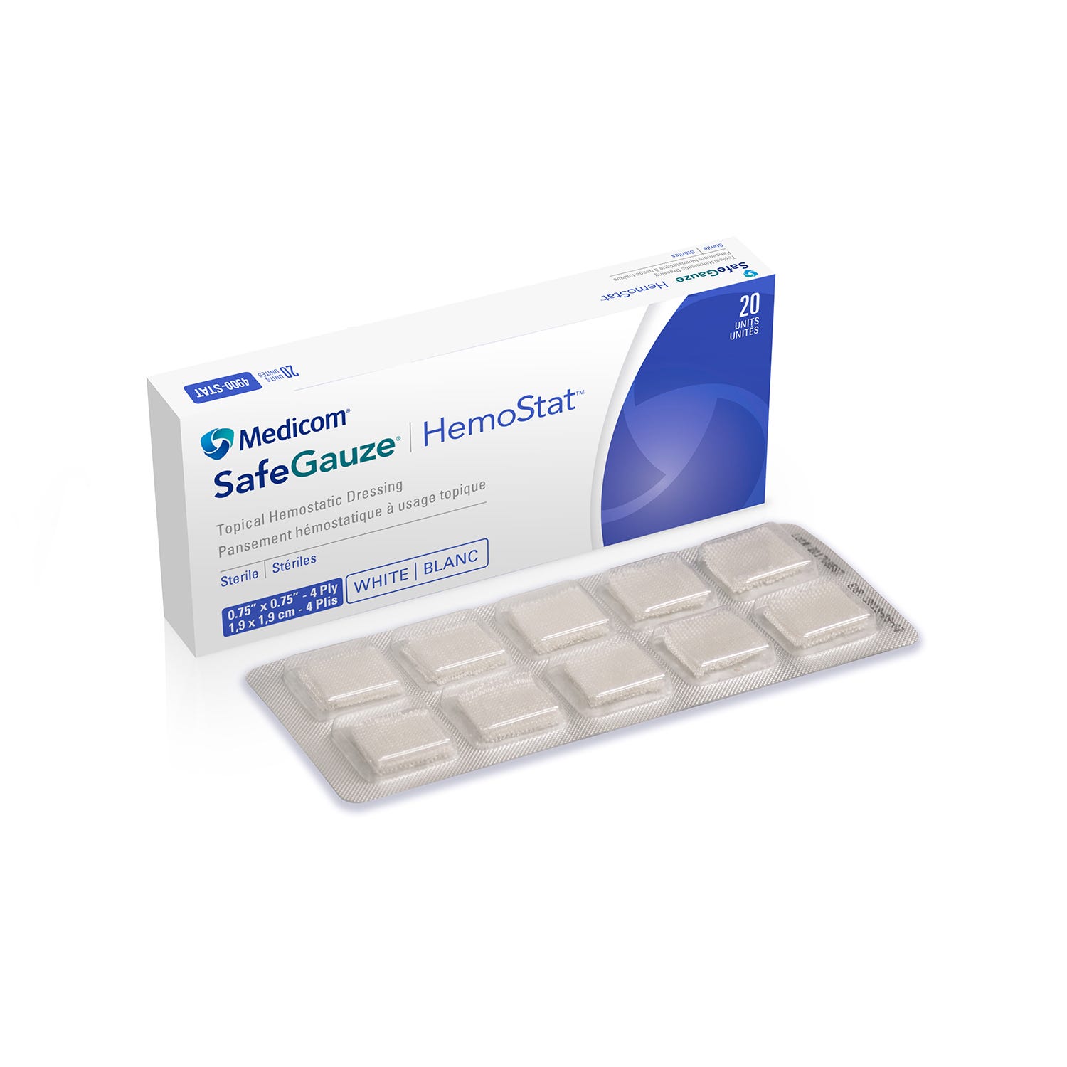 SafeGauze® HemoStat™ Topical Hemostatic Dressing, 0.75" x 0.75", 4ply, Sterile - 20/Box