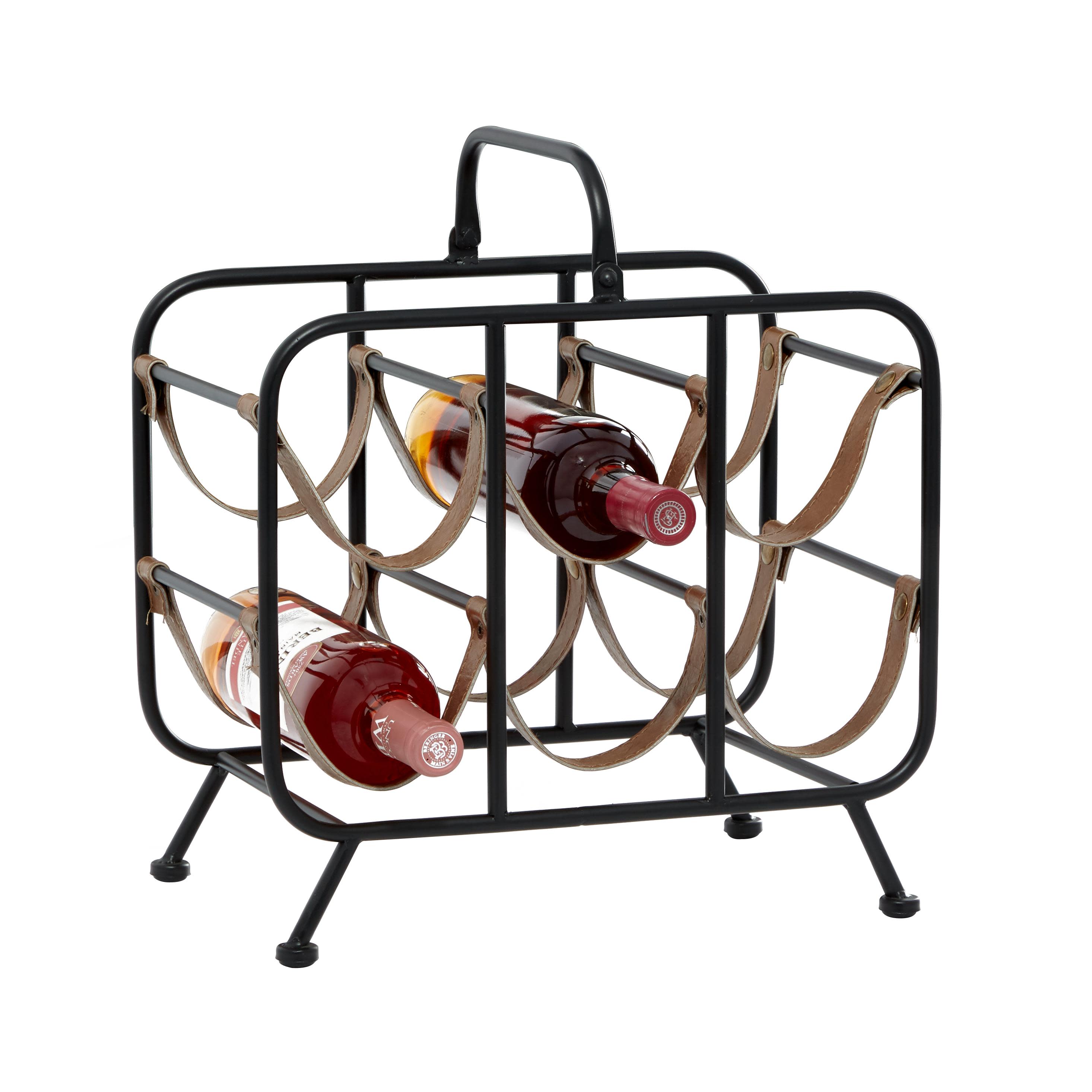 Black Metal  6 Bottle Wine Rack with Faux Leather Strap Holders, 15" x 10" x 16"