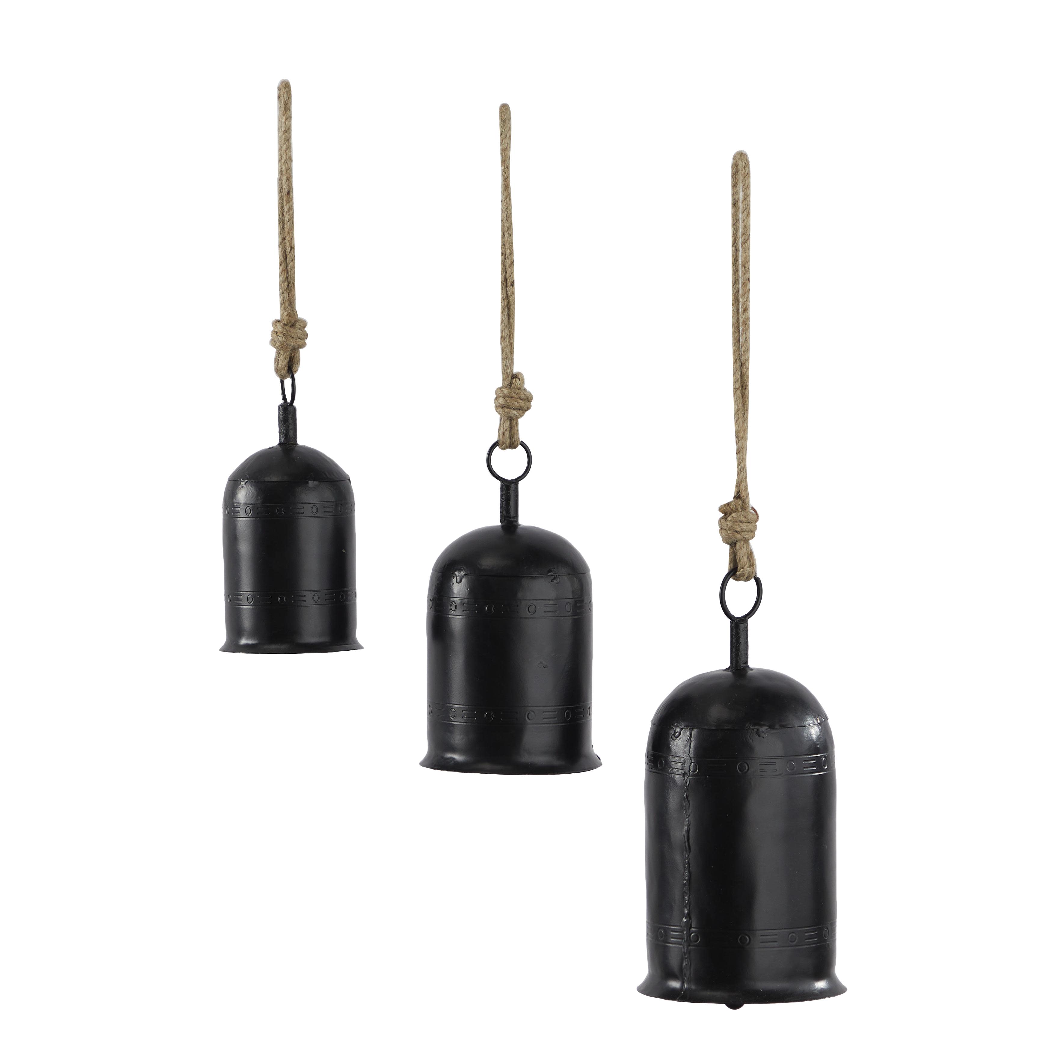 Black Metal  Tibetan Inspired Indoor Outdoor Decorative Cow Bells with Jute Hanging Rope, Set of 3 10",8",6"H