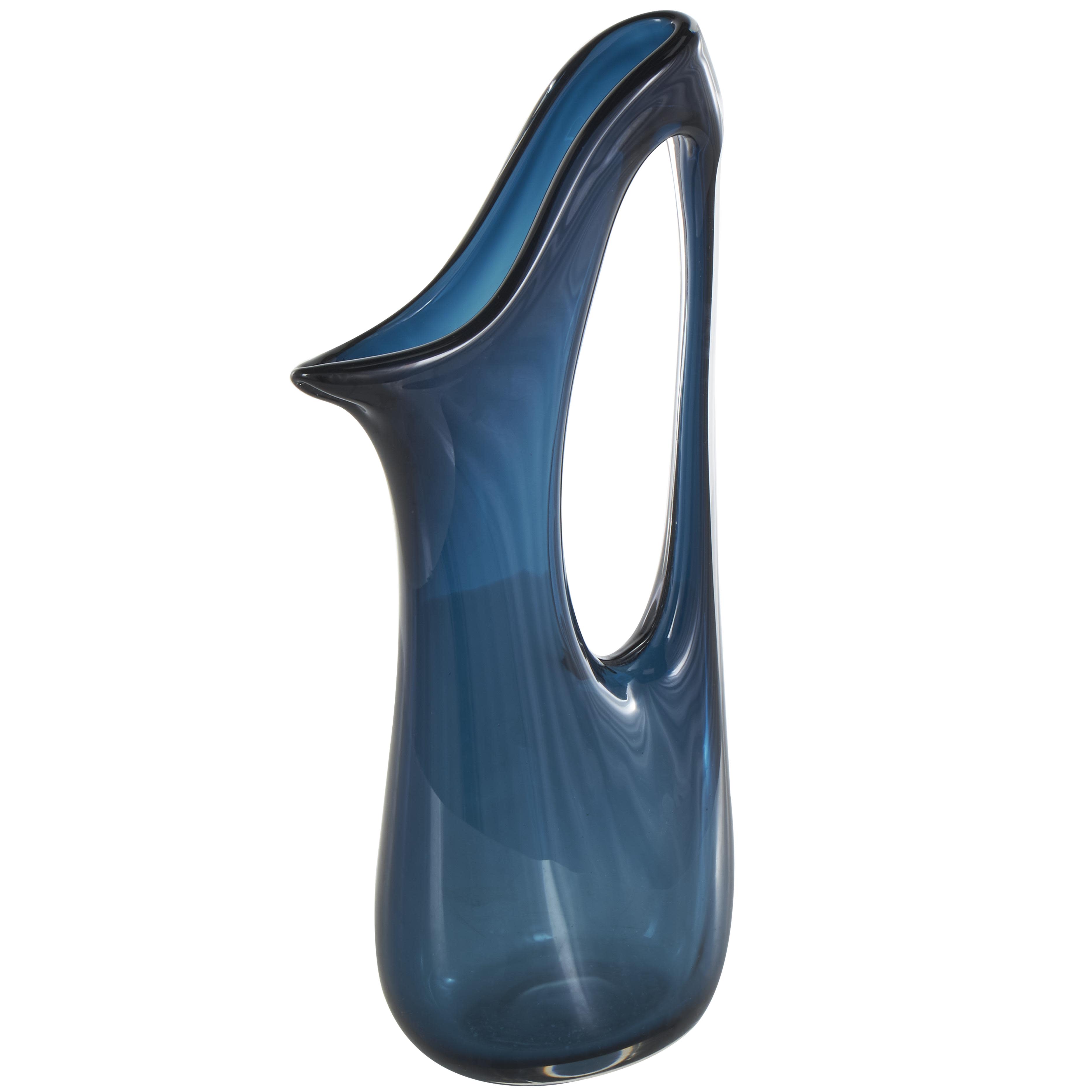 Blue Glass Abstract Ombre Decorative Vase with Cutout Handle and Elongated Opening, 10" x 5" x 21"