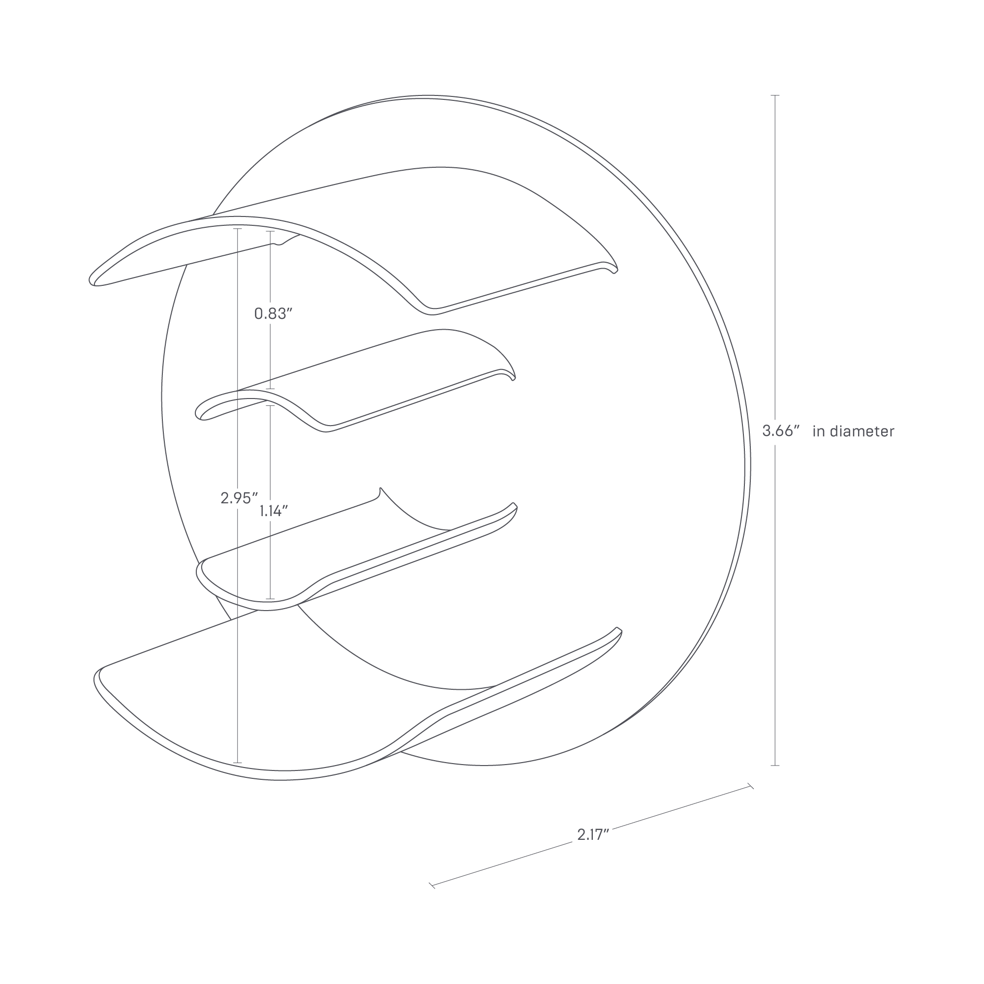 The image shows a magnetic tape holder with a diameter of 3.66", depth of 2.17", and height of 2.95". Each curved slot is 0.83" high and 1.14" apart. The unit has three staggered arms for organizing tape rolls.