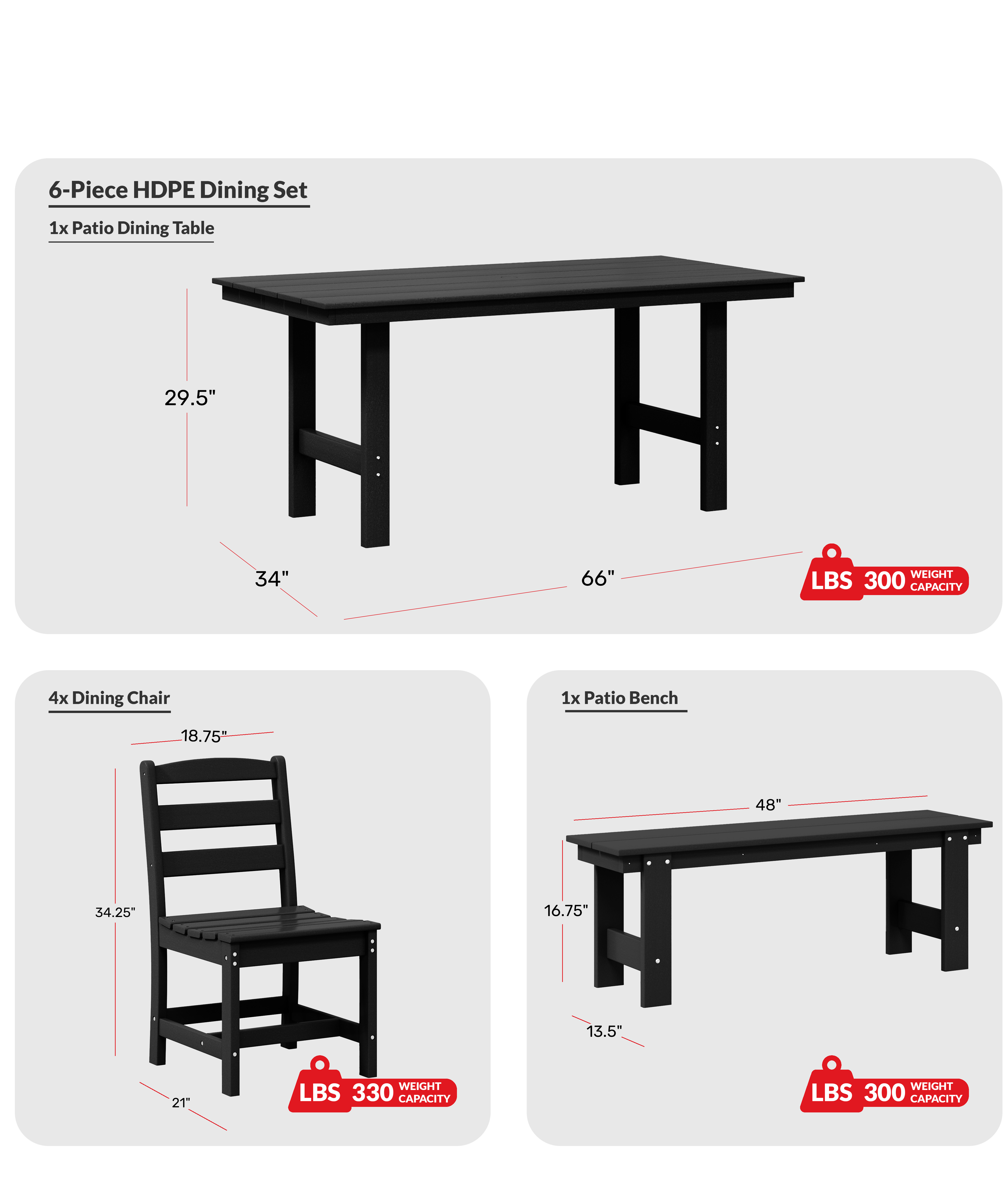 6-Piece Outdoor HDPE Rectangular Patio Dining Table Set with BenchCOS Spec Image