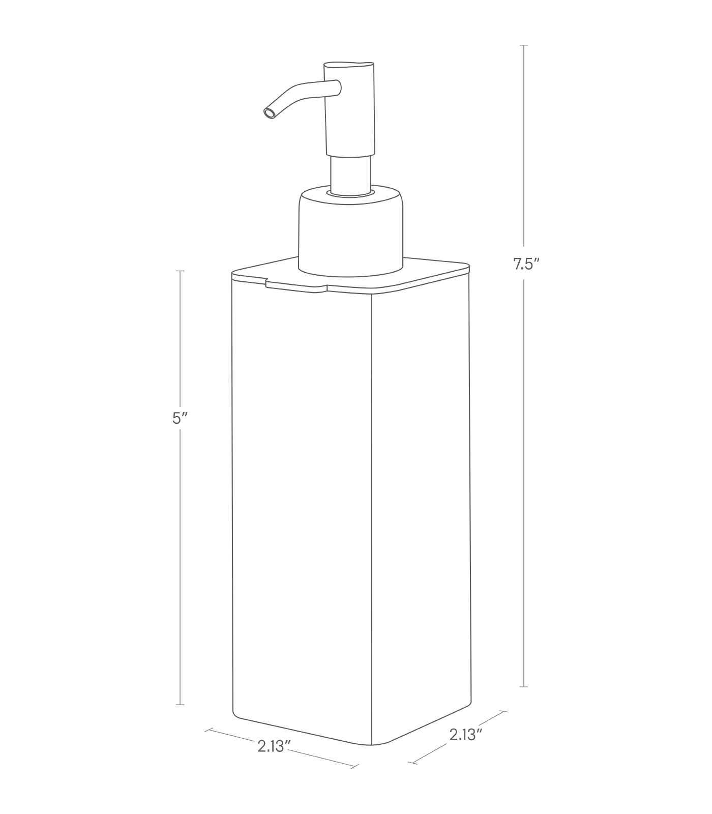 Dimension image for Hand Soap Dispenser on a white background including dimensions  L 2.76 x W 2.17 x H 7.68 inches