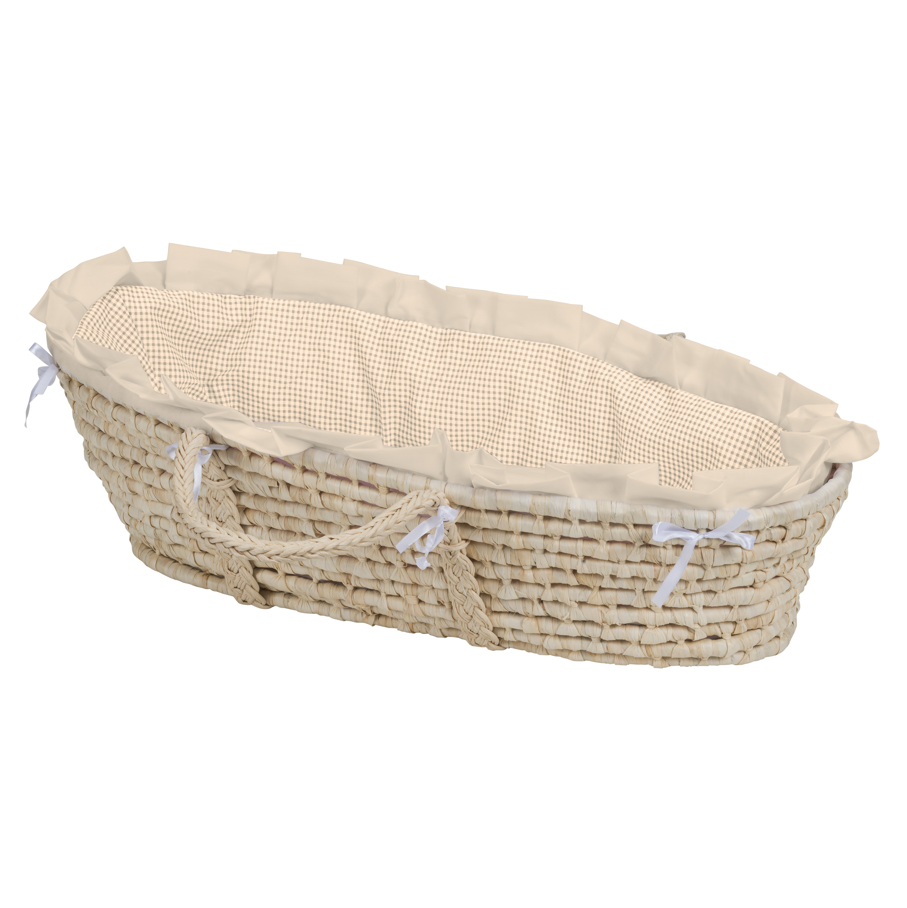 Natural Moses Basket - Beige Gingham Bedding