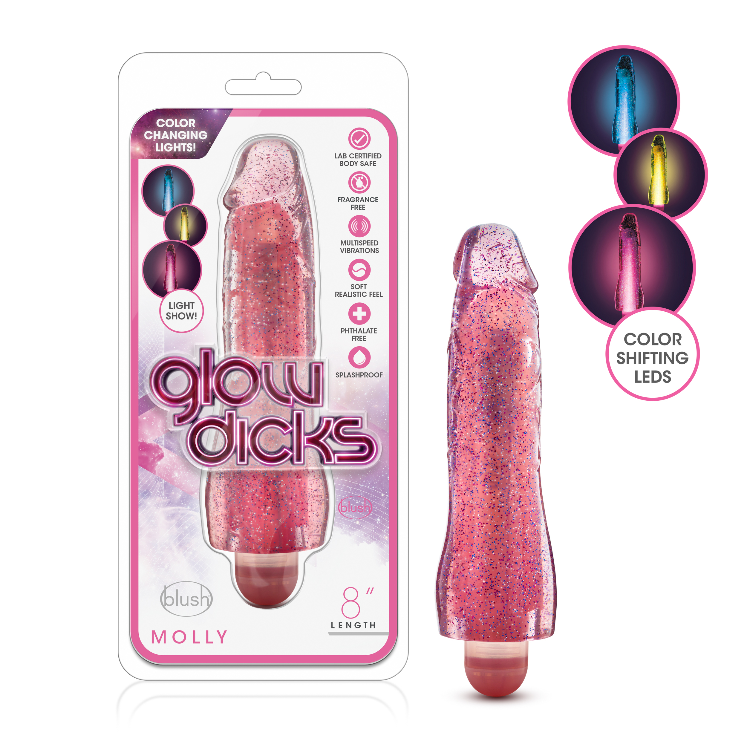 Blush Glow Dicks Molly Glitter Realistic Pink 8-Inch Long Vibrating Dildo