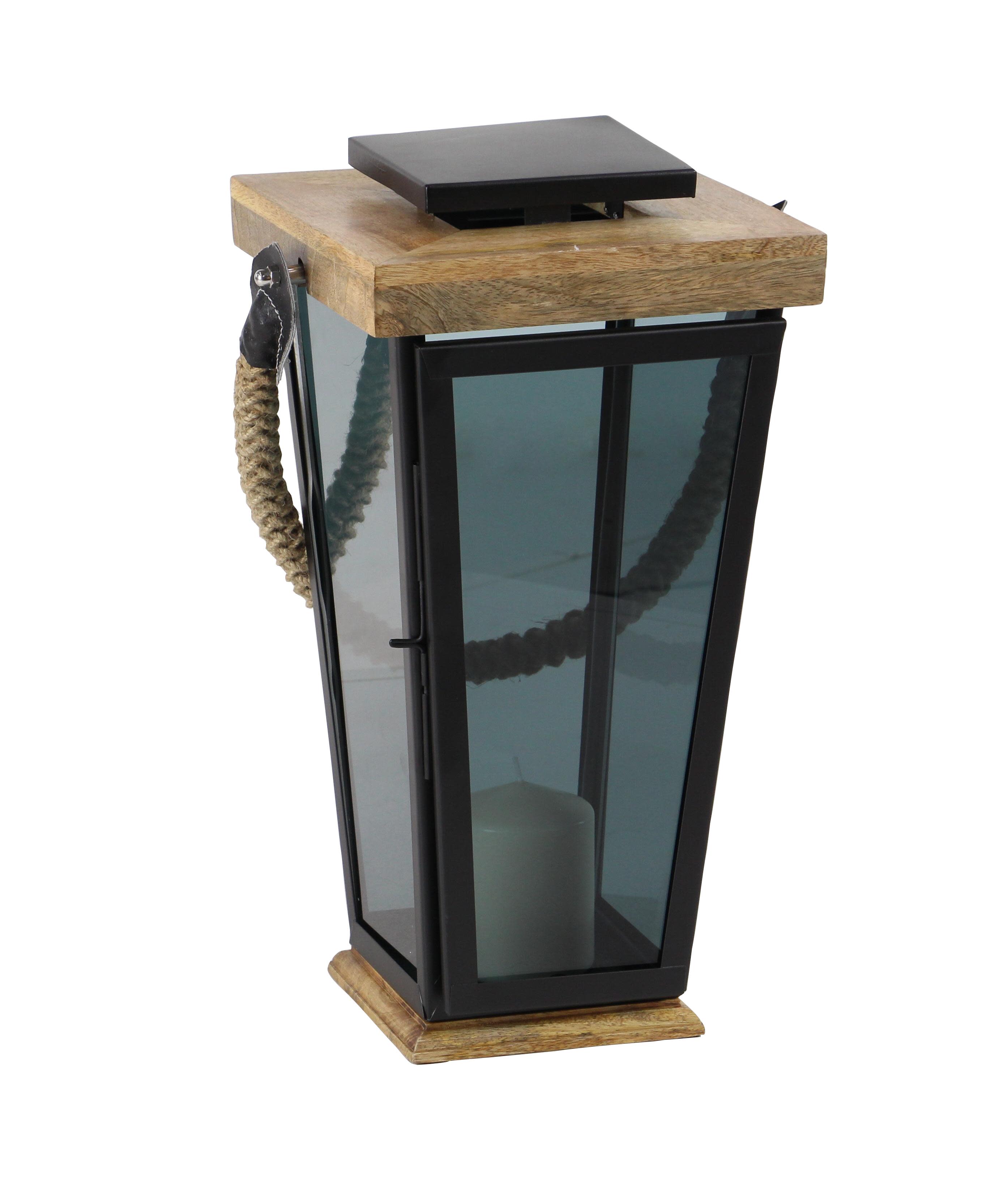 Black Mango Wood  Candle Lantern, 10" x 9" x 17"