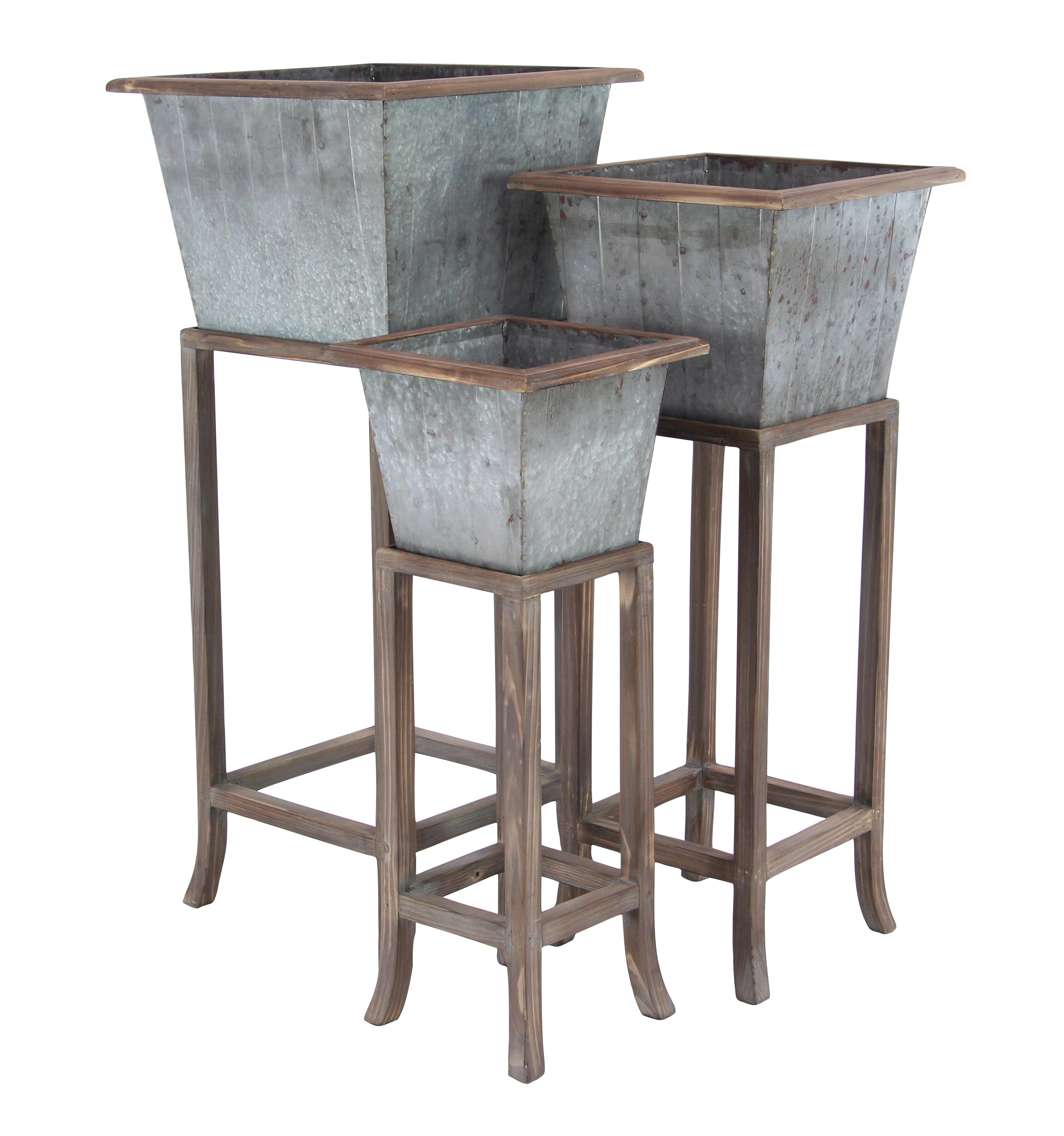 Farmhouse Style Galvanized Metal Outdoor Planters with Wood Stands and Trim, Set of 3: 16" x 37", 13" x 34", 11" x 28"