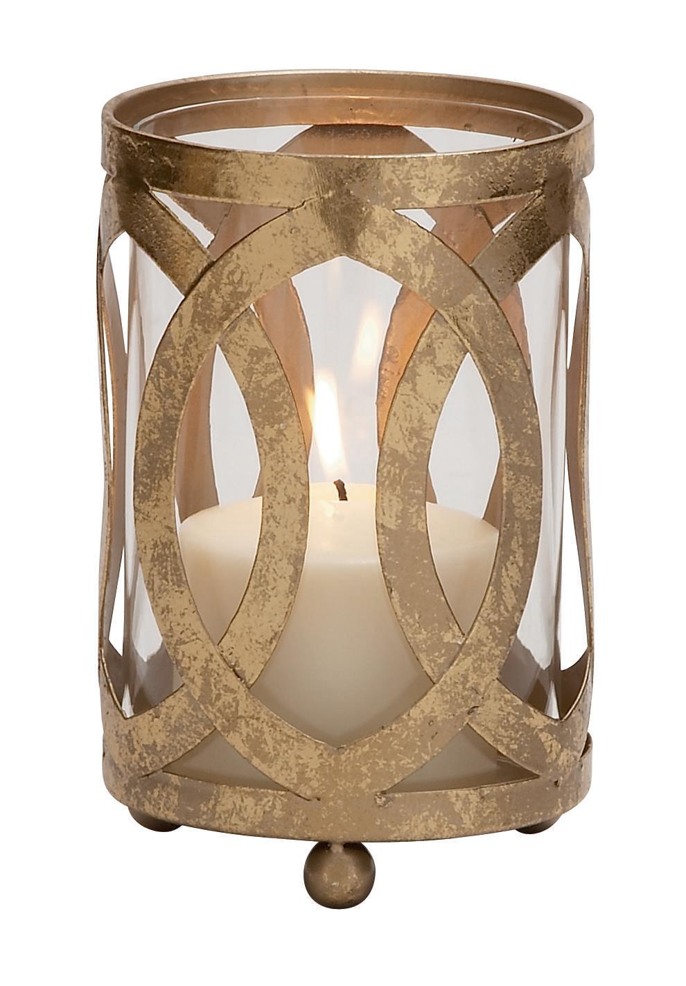 (Case of 2) Oval Patterned Gold Metal and Glass Candle Lantern, 4\" x 7\"
