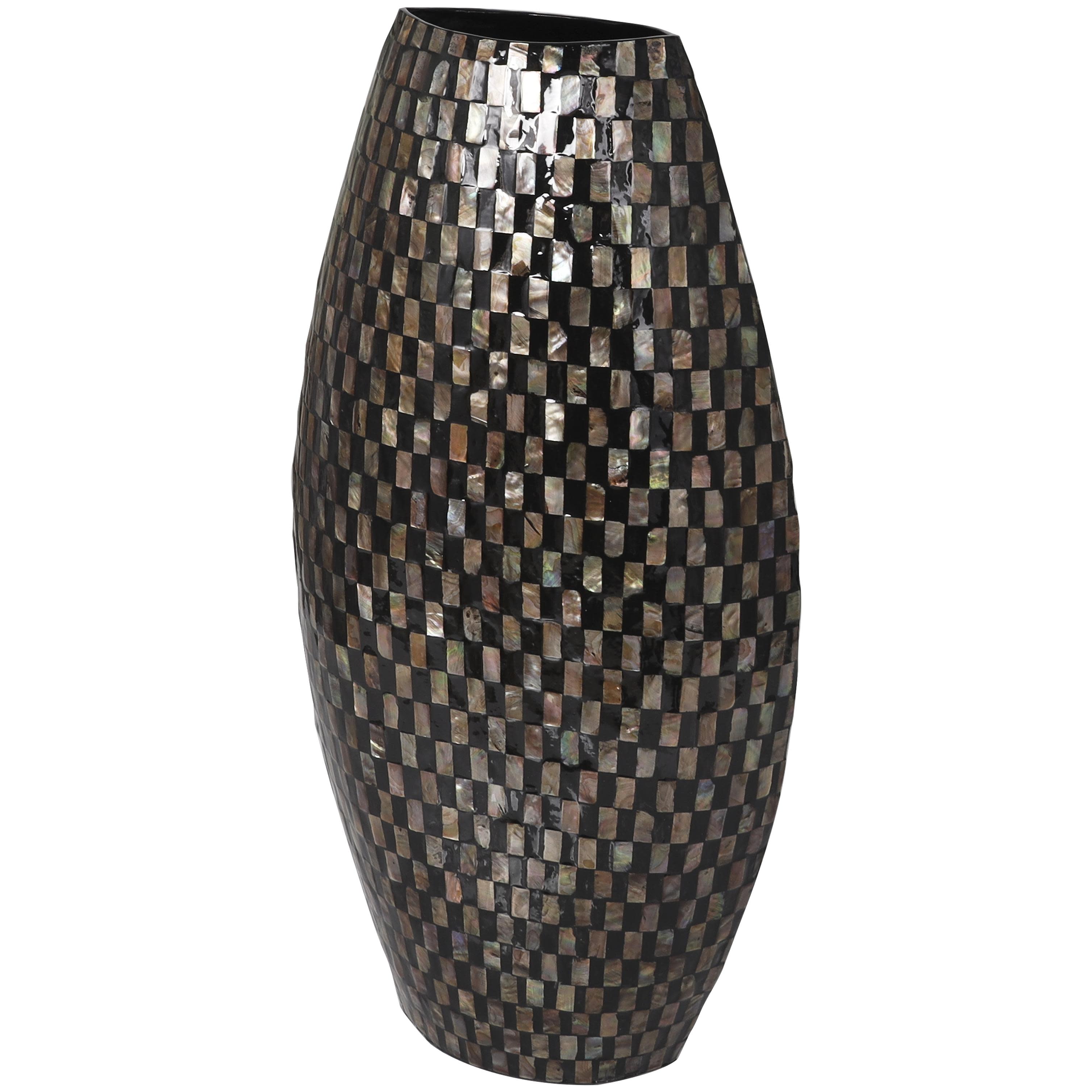 Black Mother of Pearl Shell  Handmade Geometric Mosaic Inspired Thin Decorative Vase, 12" x 5" x 24"