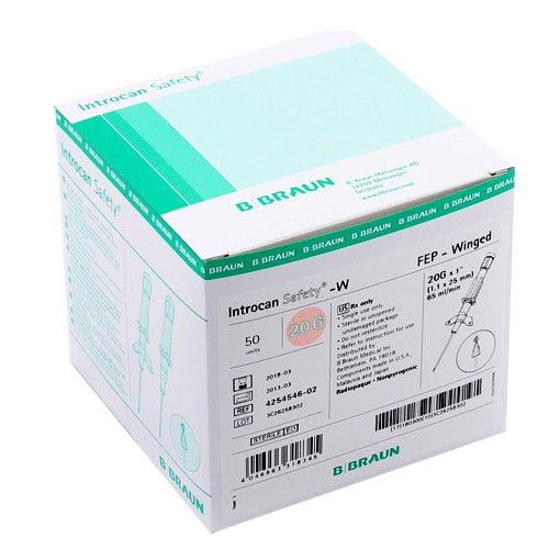 Introcan® Safety IV Catheter 20G x 1" Winged Teflon - 50/Box