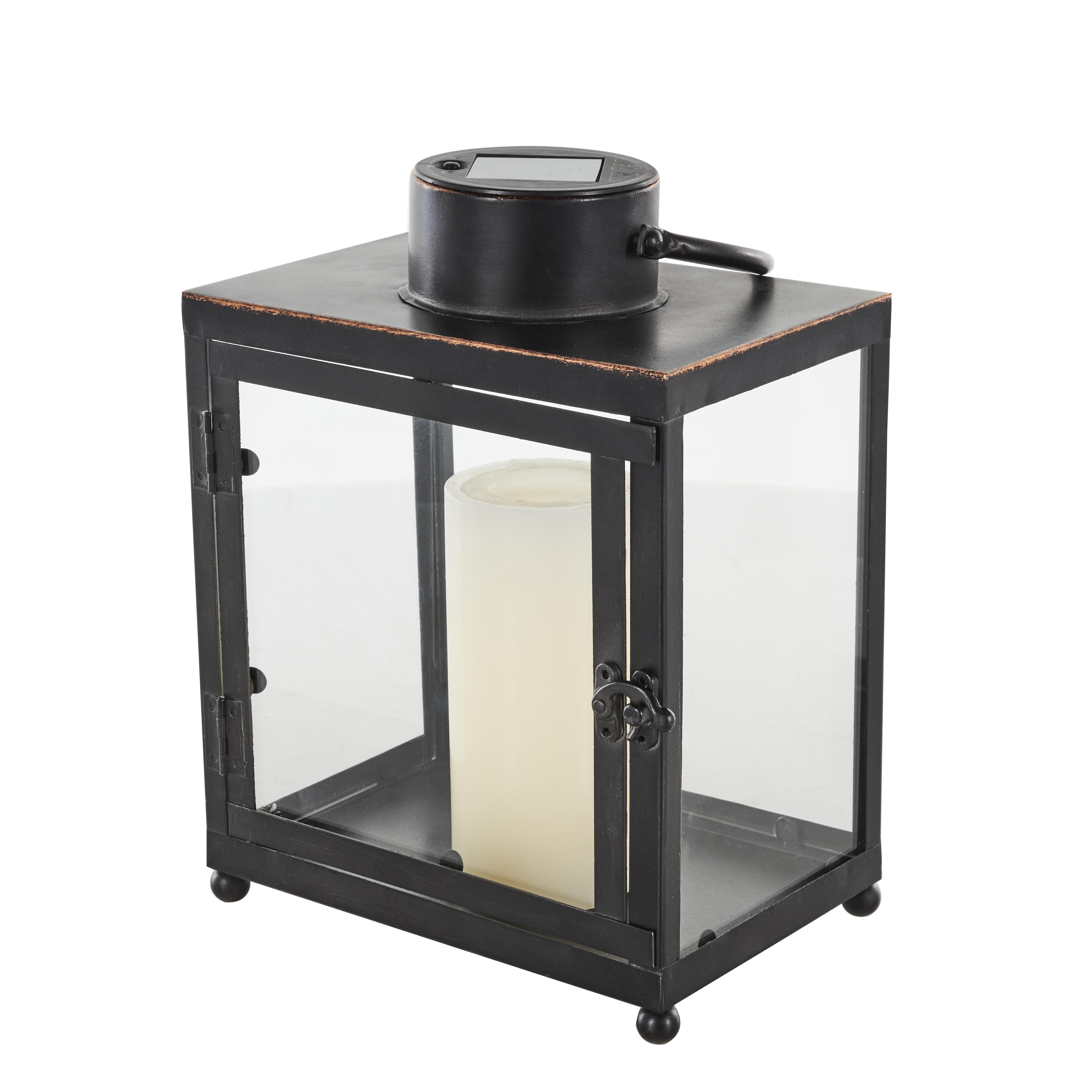 Black Metal  Modern Indoor Outdoor Candle Lantern with Gold Accents, 8" x 7" x 11"