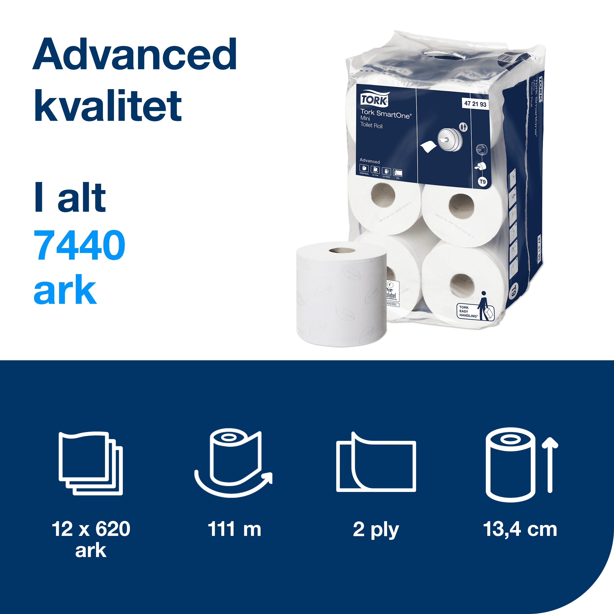 Toiletpapir, Centertræk, 2 lag, 12 ruller, Tork Advanced SmartOne Mini T9