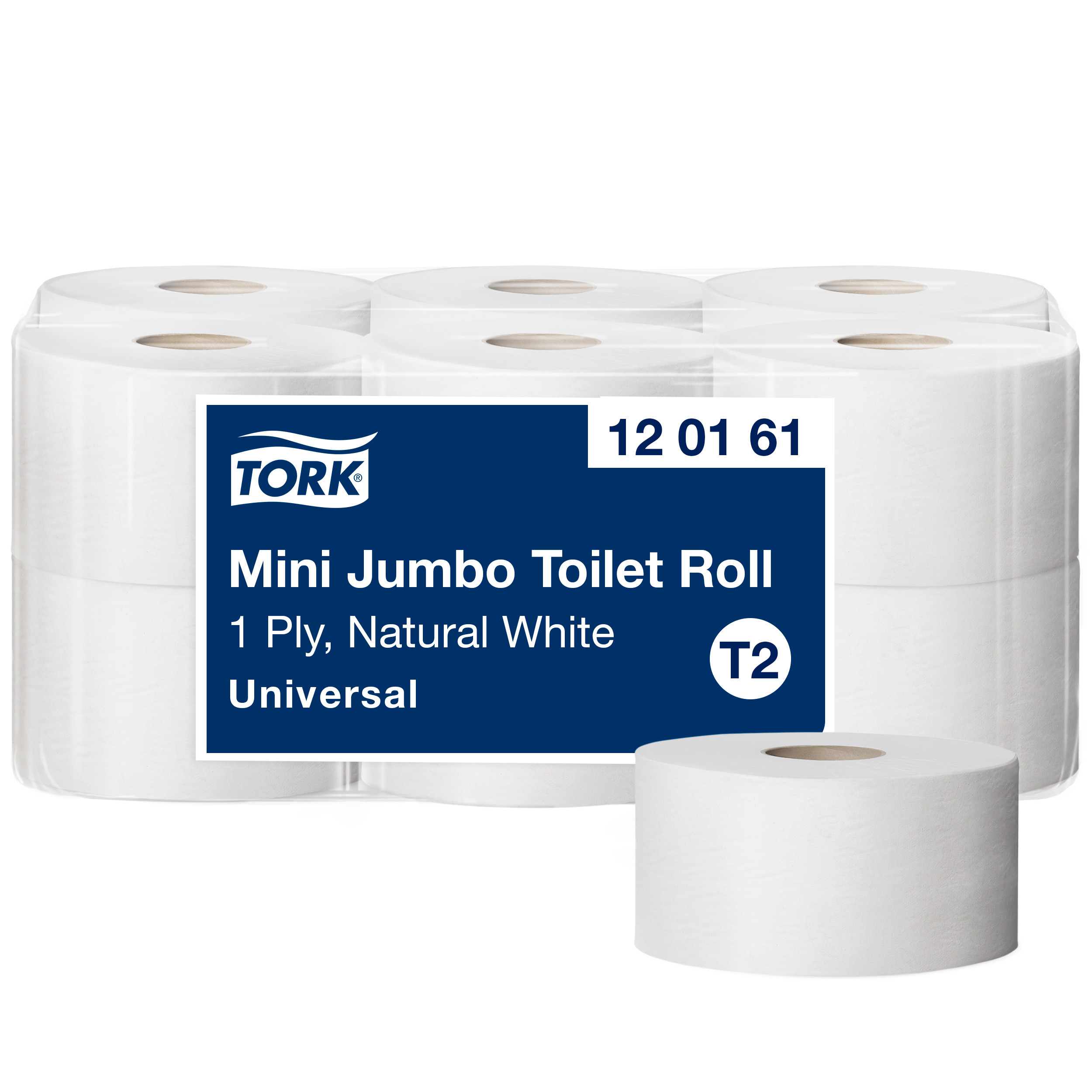 Toiletpapir, Udvendig oprulning, 1 lag, 12 ruller, Tork Universal Jumbo Mini T2