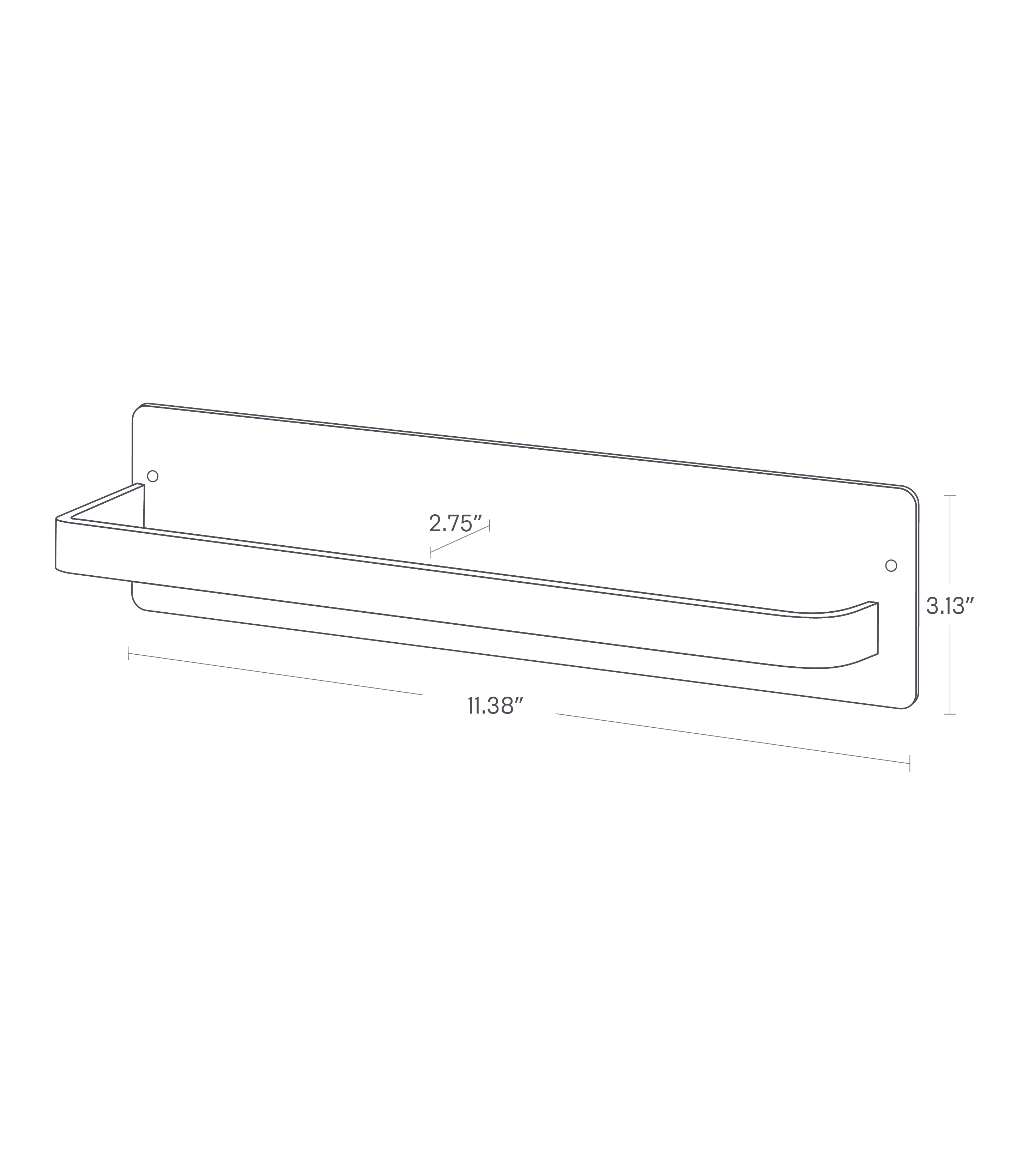Dimension image of Magnetic Paper Towel Holder with a width of 11.38 and height of 3.13 inches. The distance between the holder bar and the back panel of the rack is 2.75 inches.