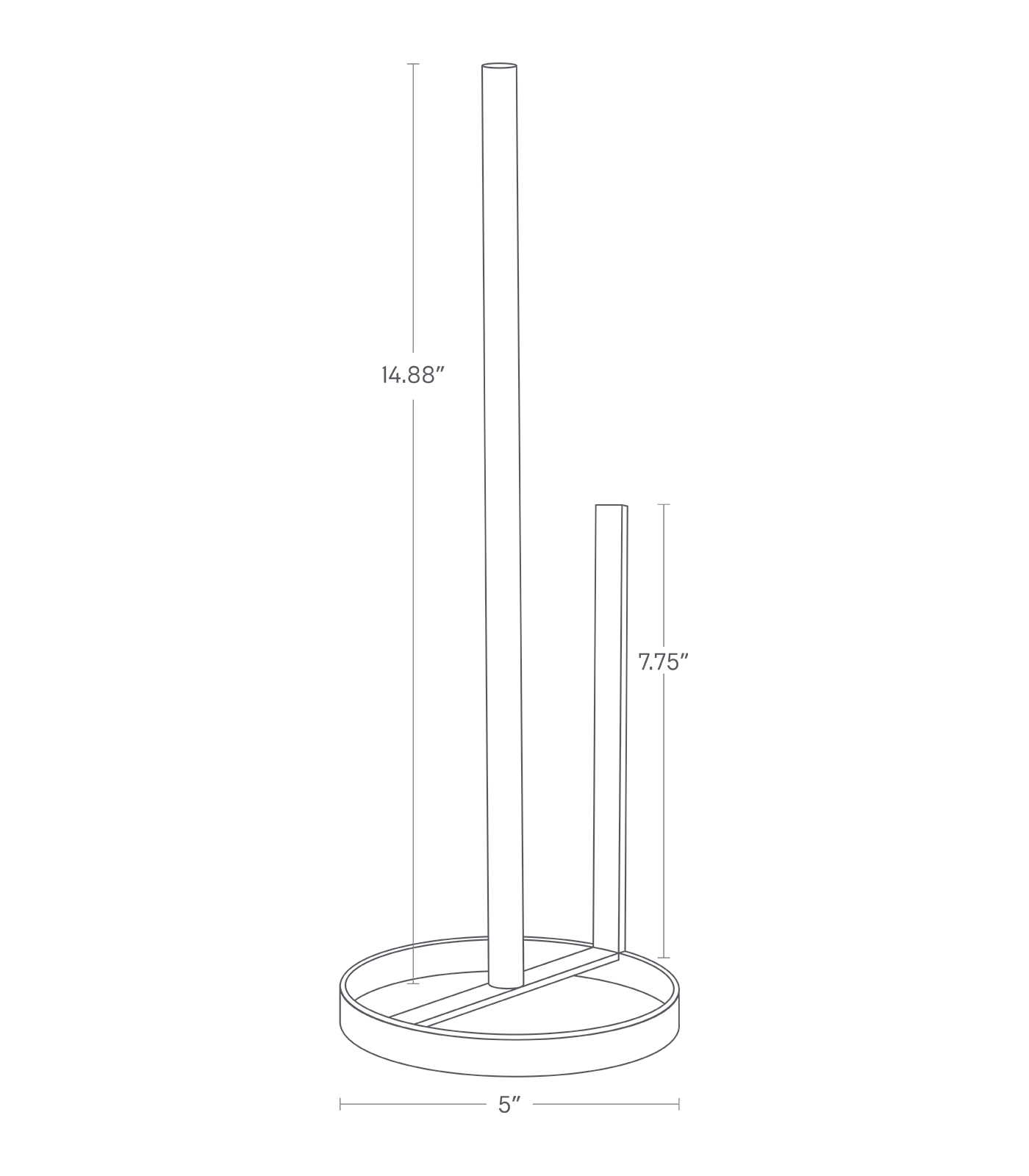 Dimension image of Toilet Paper Stocker with a base width of 5", middle pole height of 14.88", and supporting bar height of 7.75".