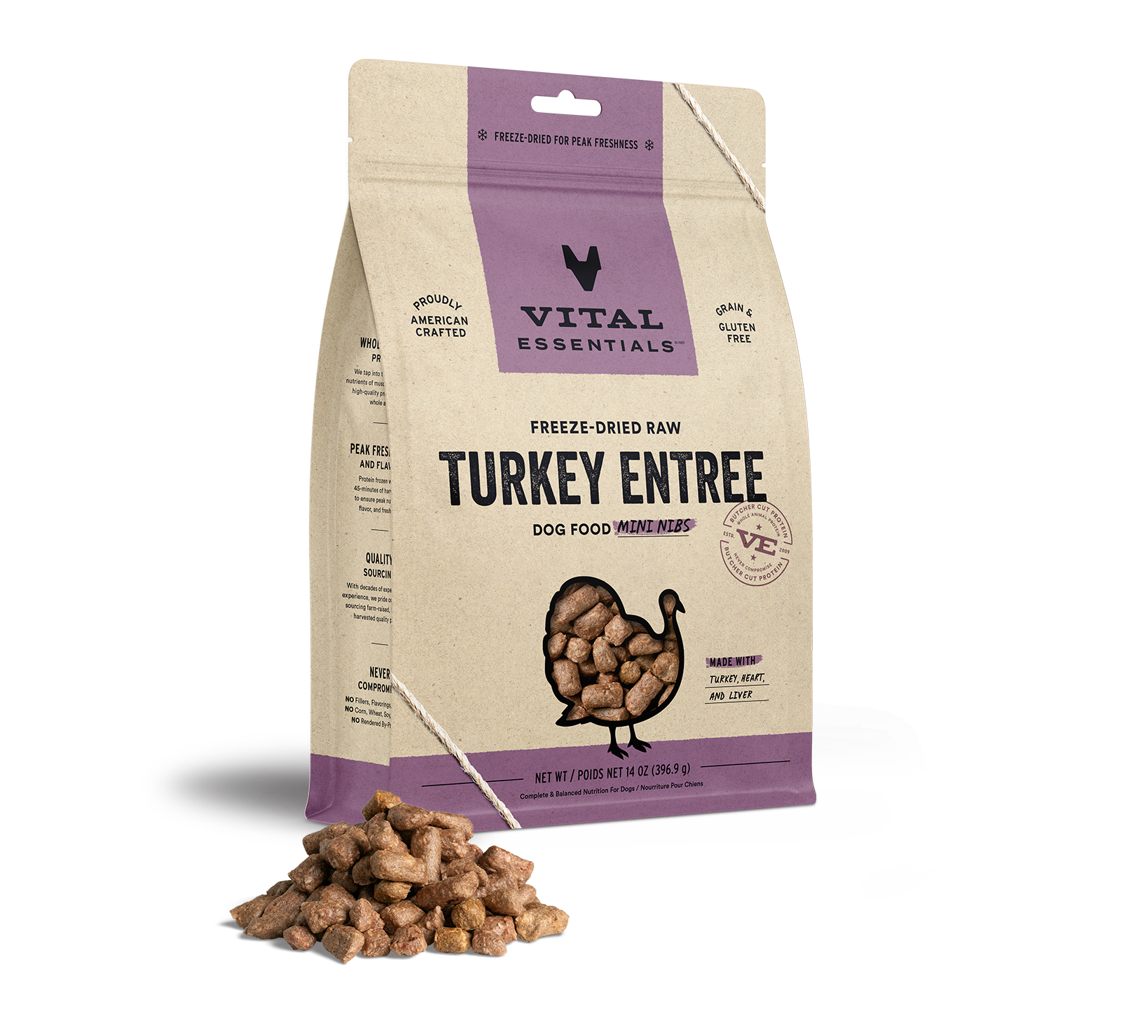 Vital Essentials Freeze-Dried Raw Turkey Entree Dog Food Mini Nibs, 14 oz - Treats