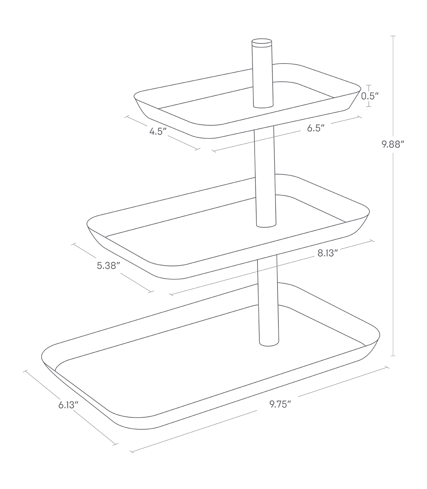 Dimension Image for Three Tier Accessory Tray on a white background showing height of 9.88", bottom tier length of 9.75", bottom tier width of 6.13", middle tier length of 8.13"", middle tier width of 5.38", top tier length of 6.5", top tier width of 4.5". and tier lip height of .5".