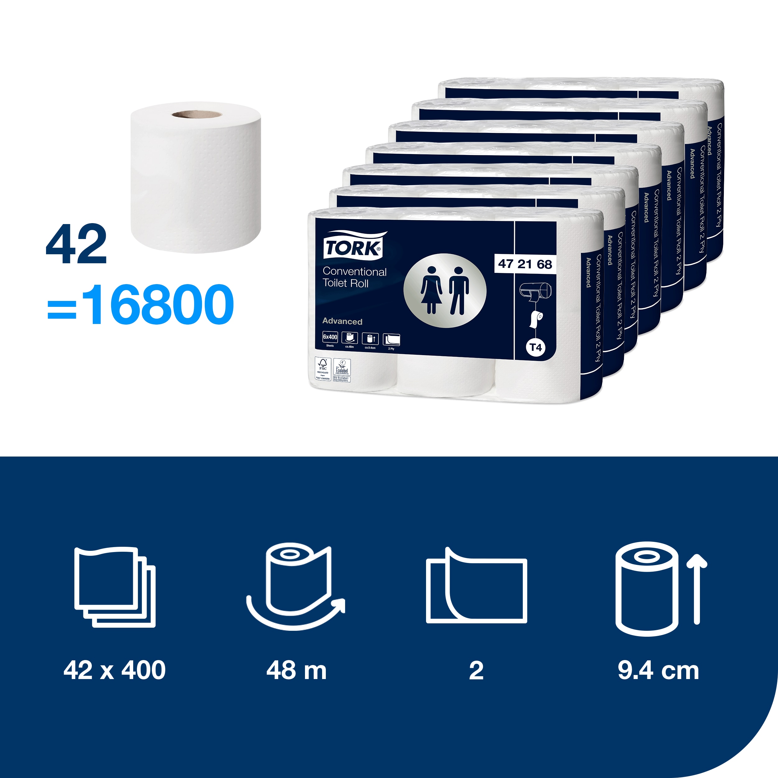 Toiletpapir, Udvendig oprulning, 2 lag, 42 ruller, Tork Advanced T4