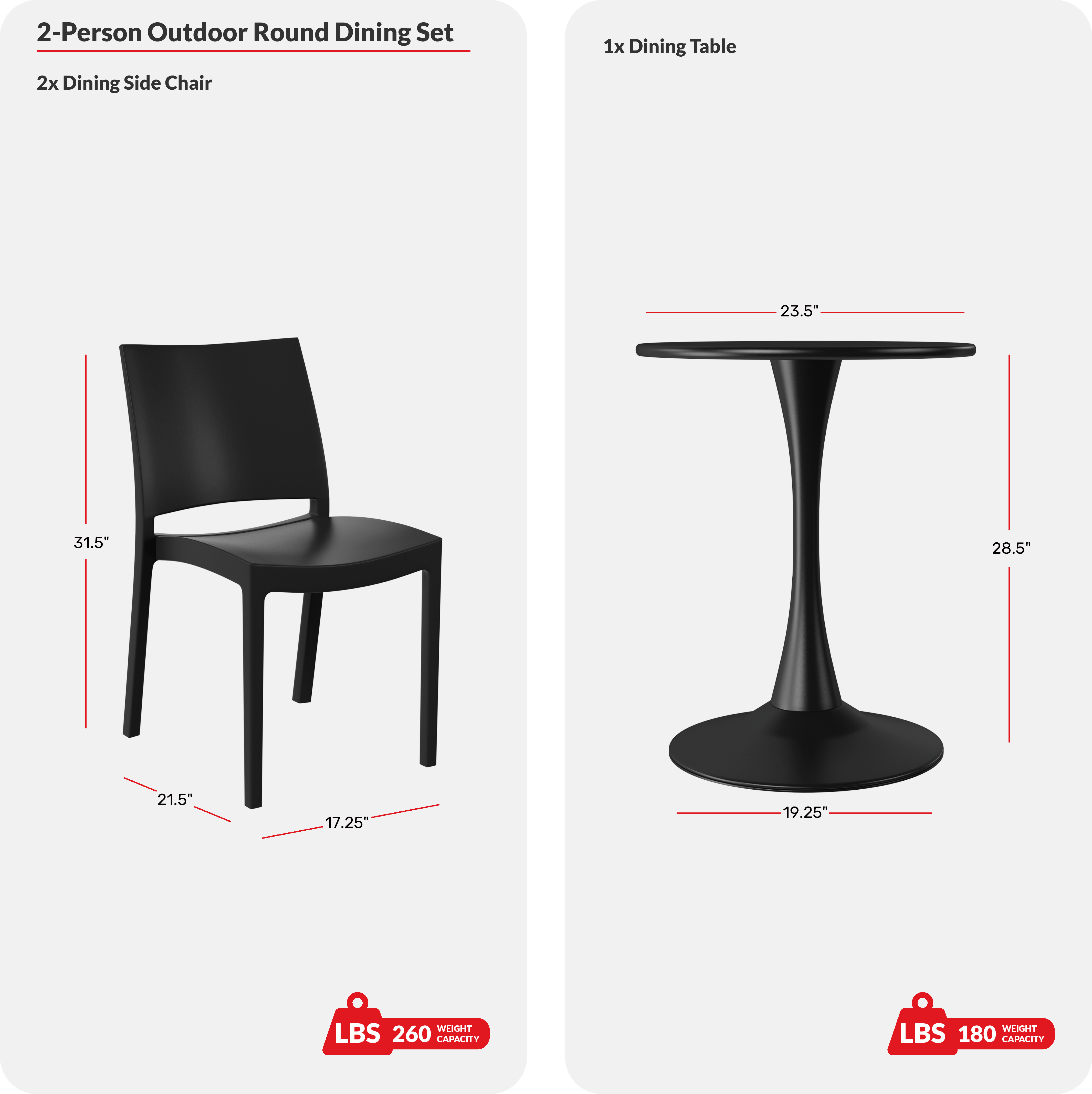 3-Piece Outdoor Round Metal Patio Dining Table Set With Stackable Patio Dining Side Chairs COS Spec Image