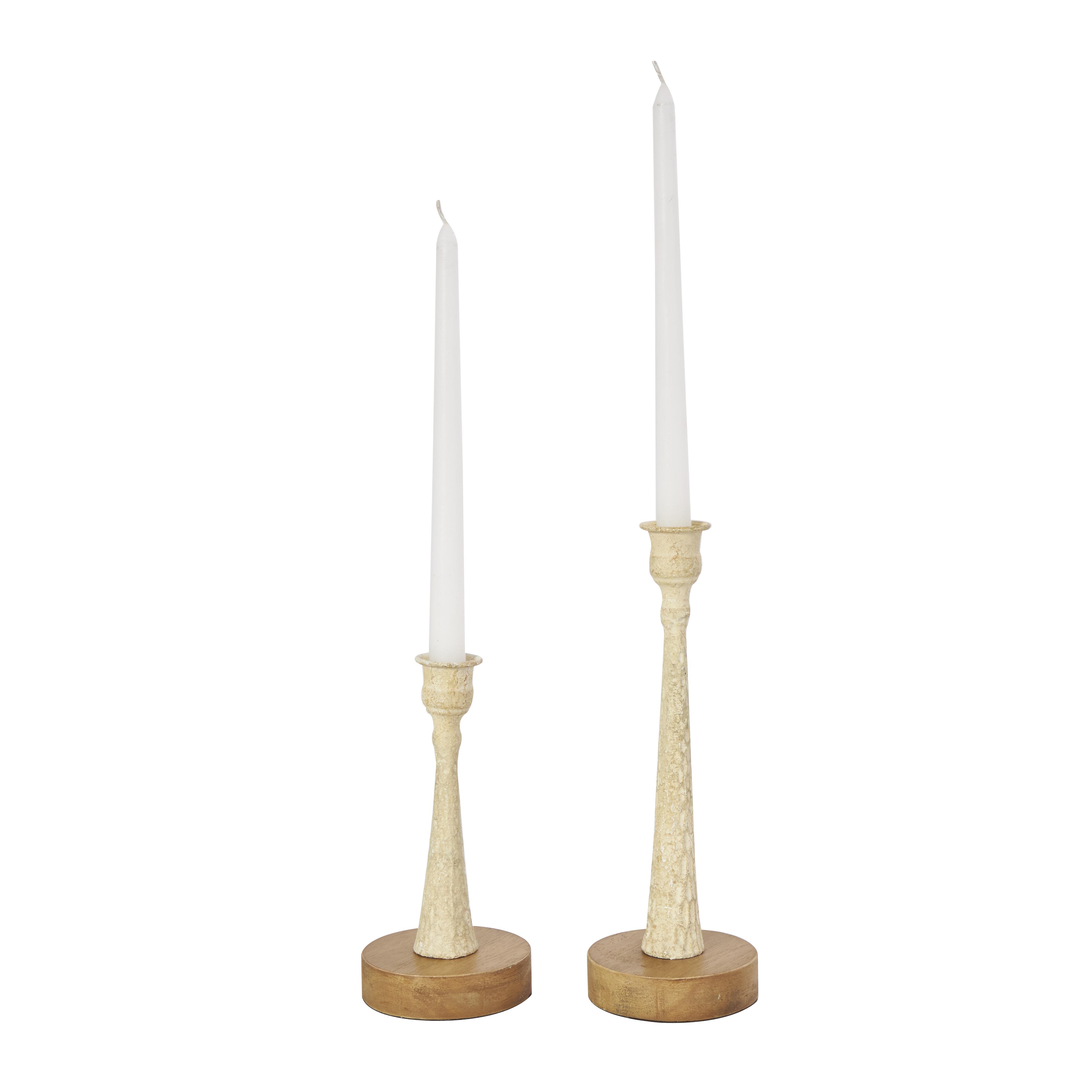 Cream Metal  Textured Tapered Decorative Candle Holder with Brown Wood Bases, Set of 2 10", 7"H