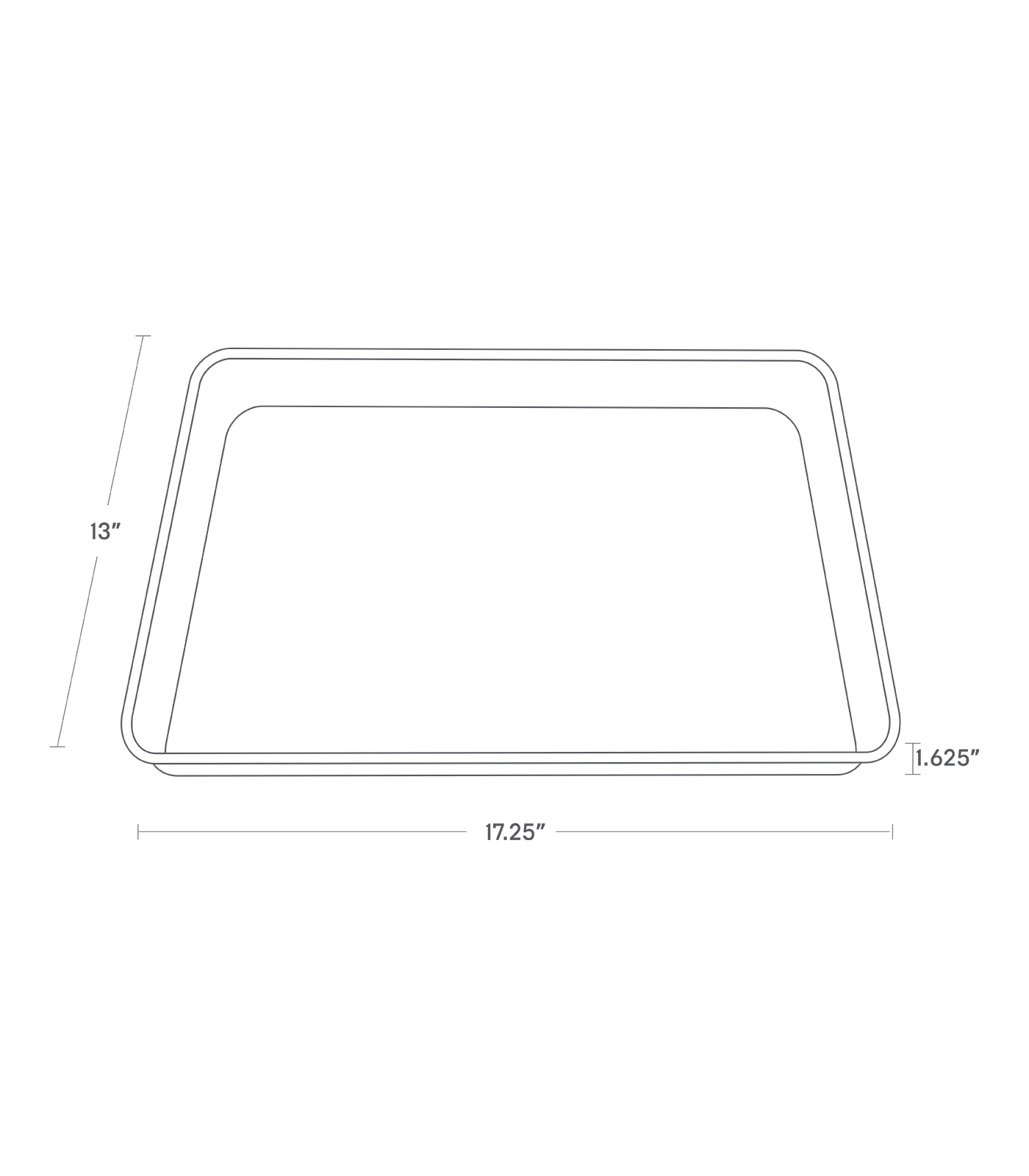 Dimension image for Replacement Drainer Tray for Dish Rack showing length of 17.25", width of 13" and height of 1.625"