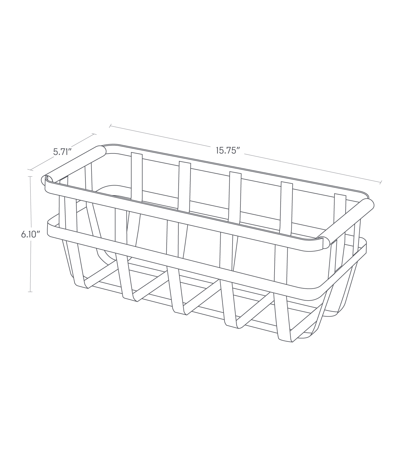 Dimension image for Storage Basket showing container height of 6.10", length of 5.71", width of 15.75"