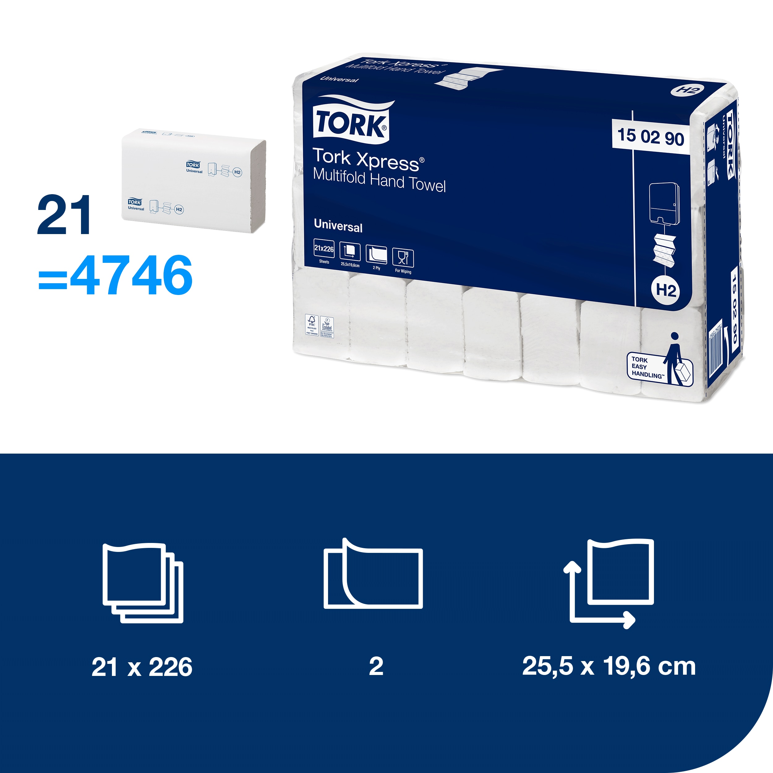 Håndklædeark, 2 lag, Z-fold, 4746 ark, Tork Xpress H2