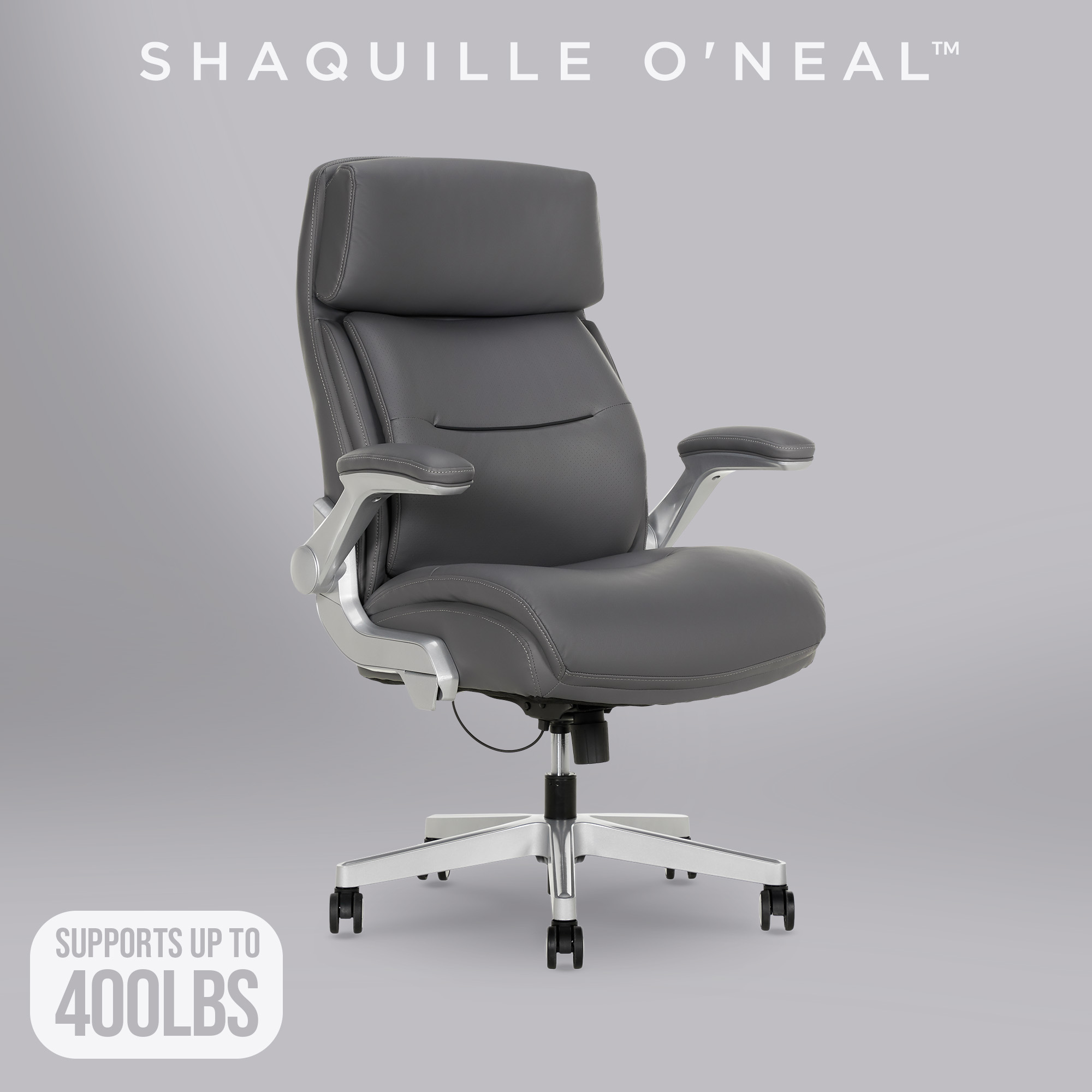 thumbnail video image 3 of Shaquille O'Neal Cenzo Ergonomic Big and Tall Office Chair ,Flip-Up Arms PureSoft Upholstery High-Back Desk Chair with 400 lb Capacity, Gray, 3 of 14