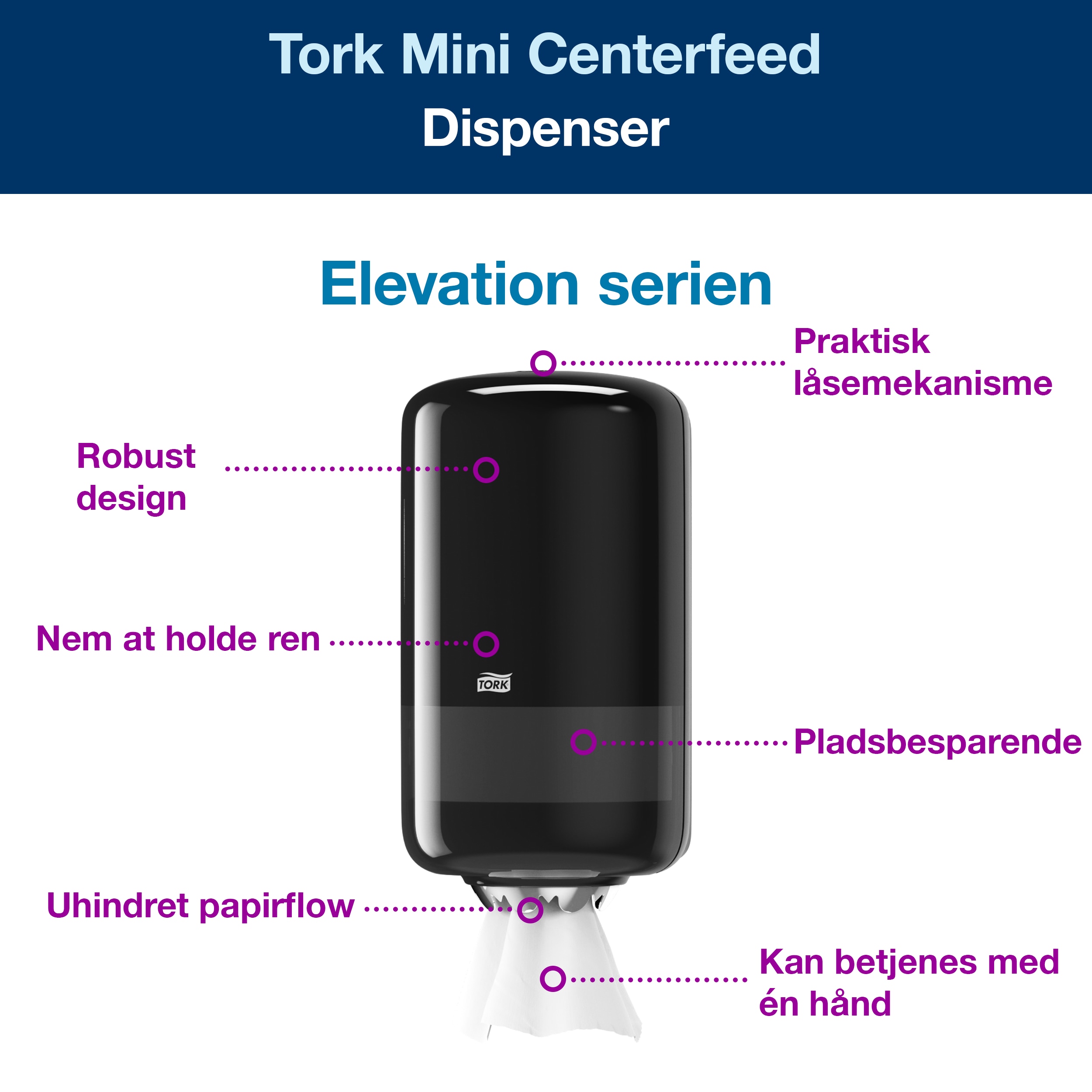 Aftørringsdispenser, Til aftørringsruller, Centerfeed, Sort, Tork Mini M1